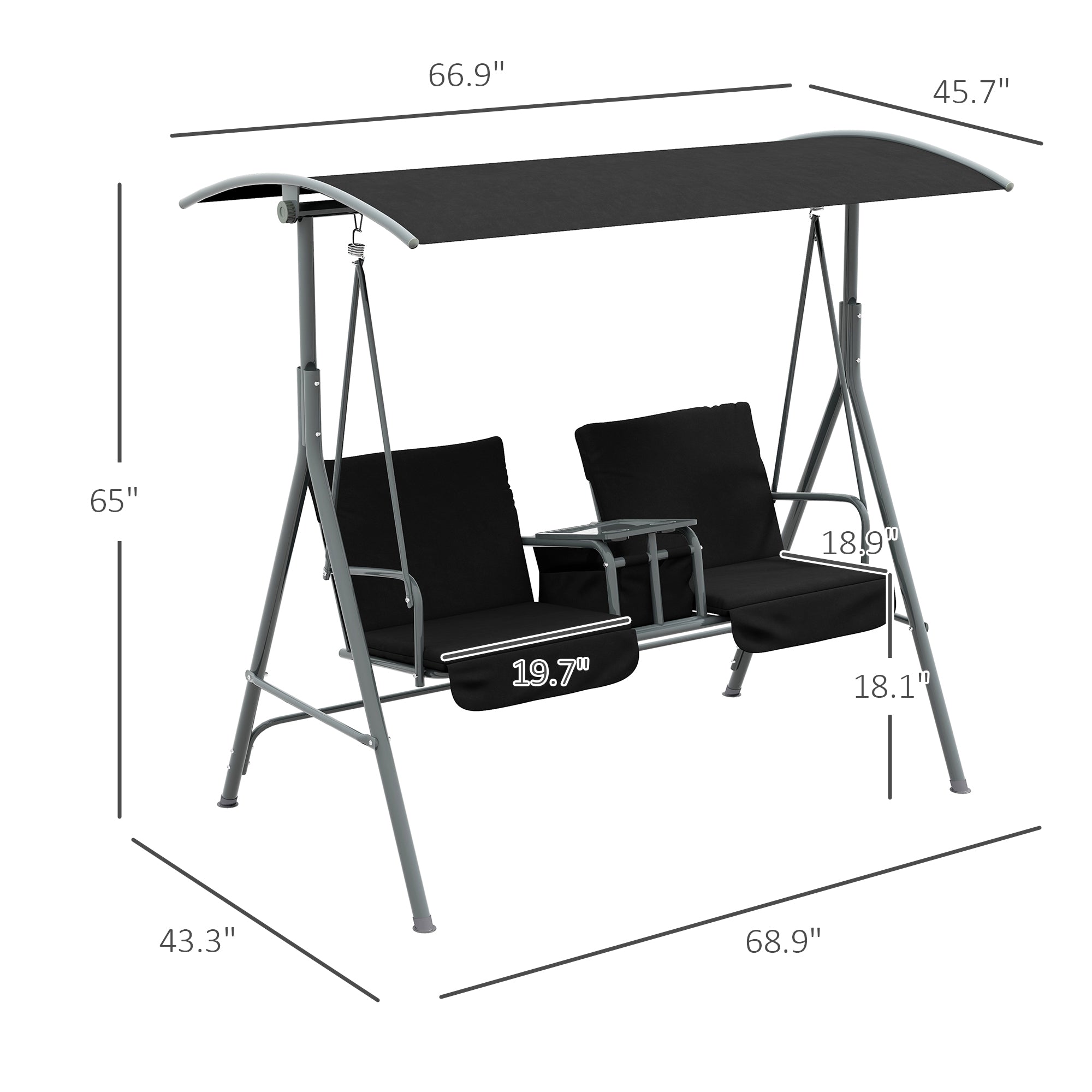 2-Seater Outdoor Porch Swing with Canopy and Table, Patio Swing Chair for Garden, Poolside, Backyard, Black