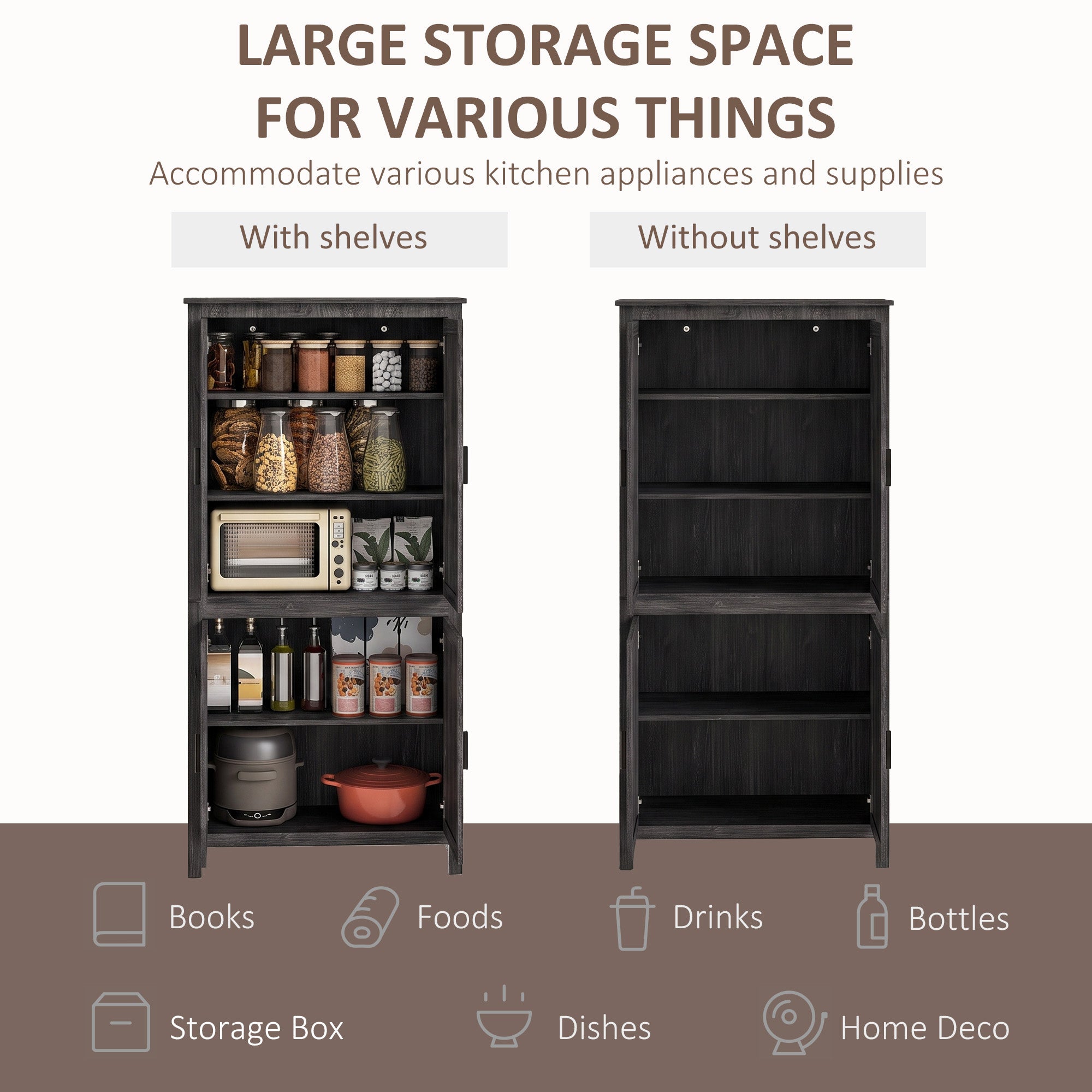 64" 4-Door Kitchen Pantry, Freestanding Storage Cabinet with 3 Adjustable Shelves for Kitchen, Gray Oak