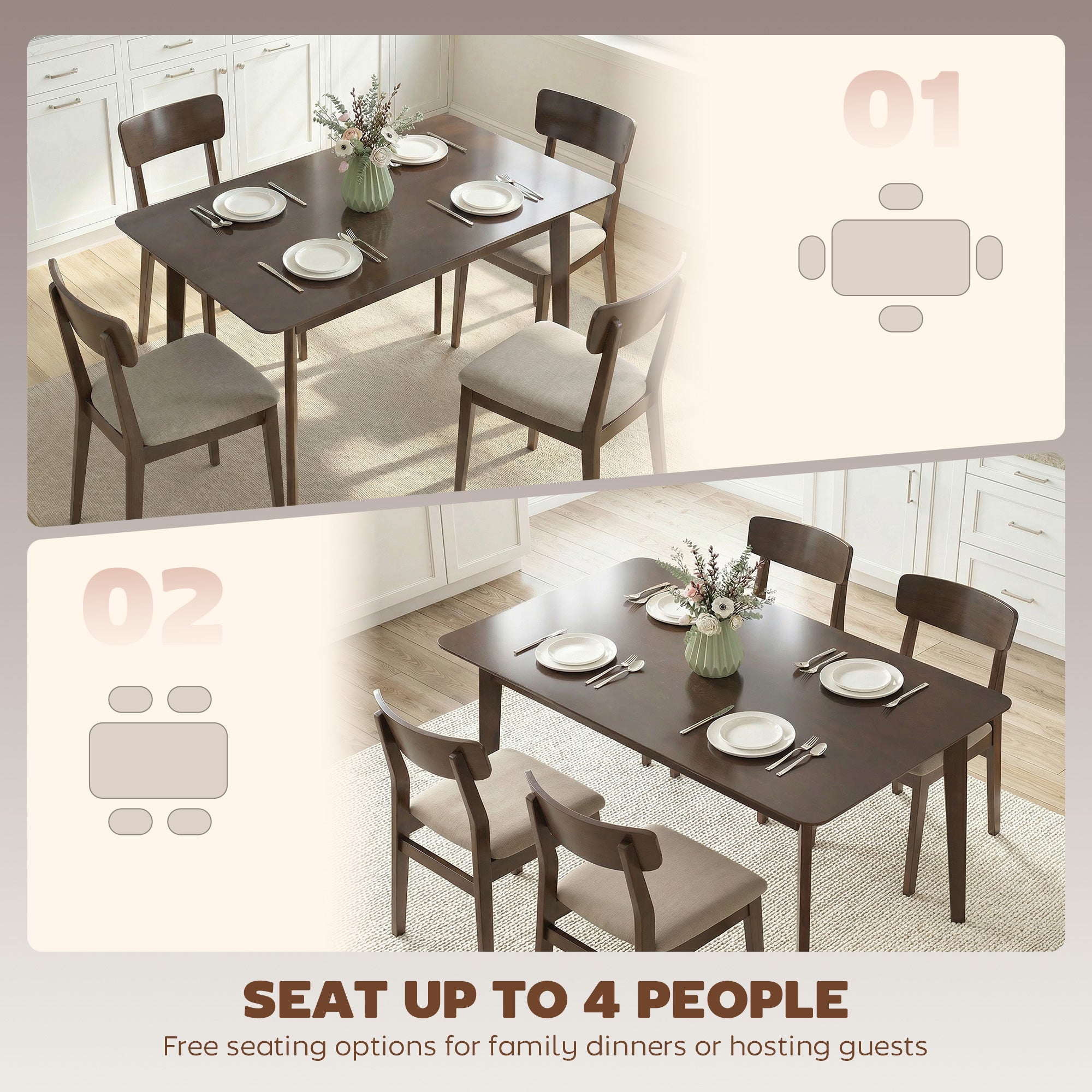 47.2" Rectangle Dining Table for 4, Mid-Century Modern Kitchen Table with Rubber Wood Frame for Dining Room, Mahogany