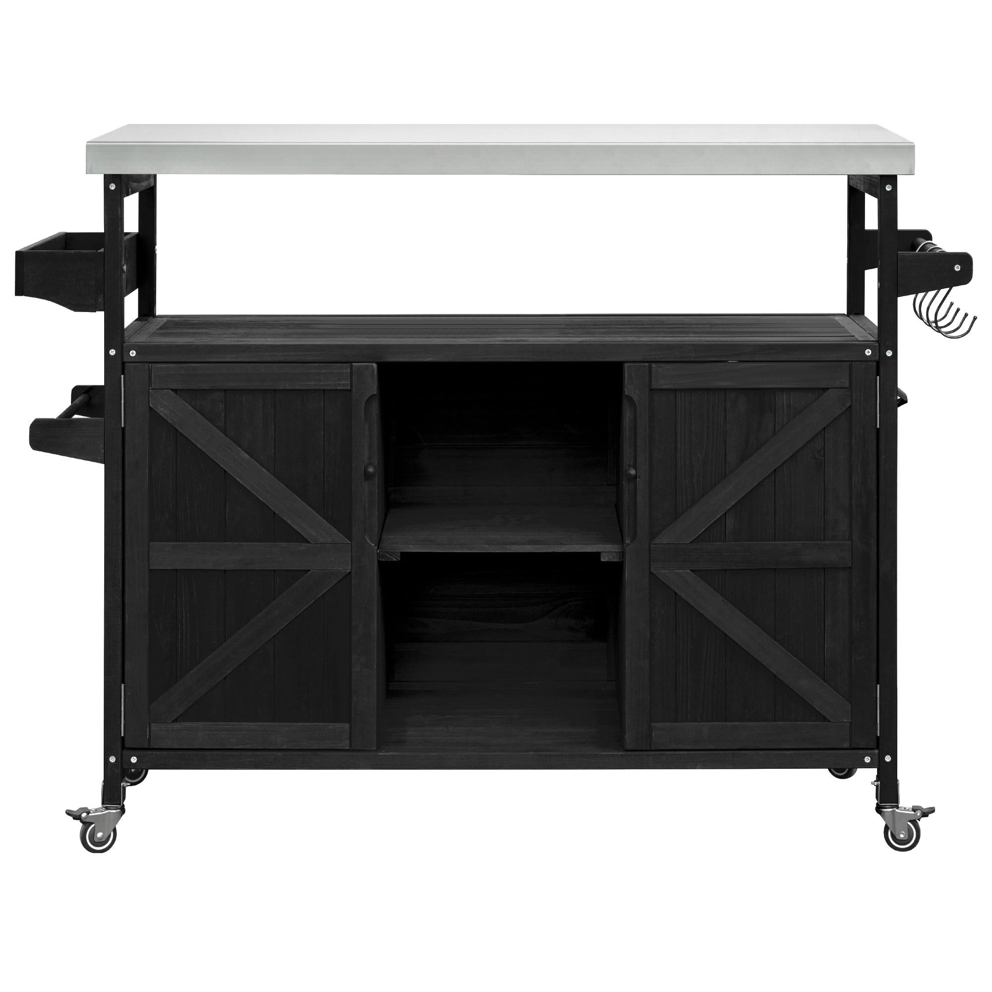 Outdoor Kitchen Island Cart, Rolling Bar Cart with Stainless Steel Top, Spice Rack, Towel Rack, Lockable Wheels, 50" L x 18.5" W x 36.5" H, Black