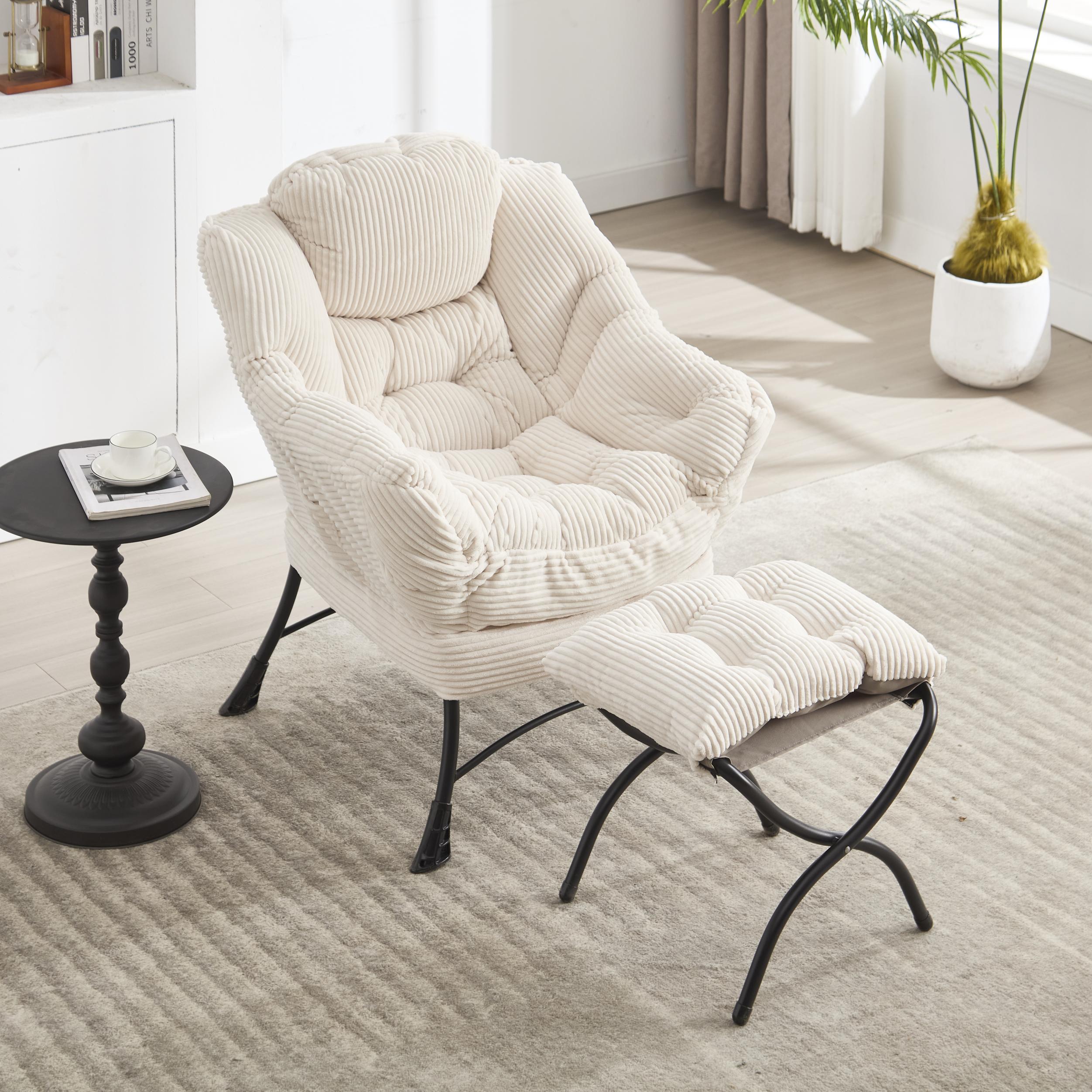 Ergonomic Lazy Chair with Ottoman, Armrests and Side Pocket, Steel Frame, Modern Lounge Accent Chair, 31.5" L x 25" W x 37.5" H, White