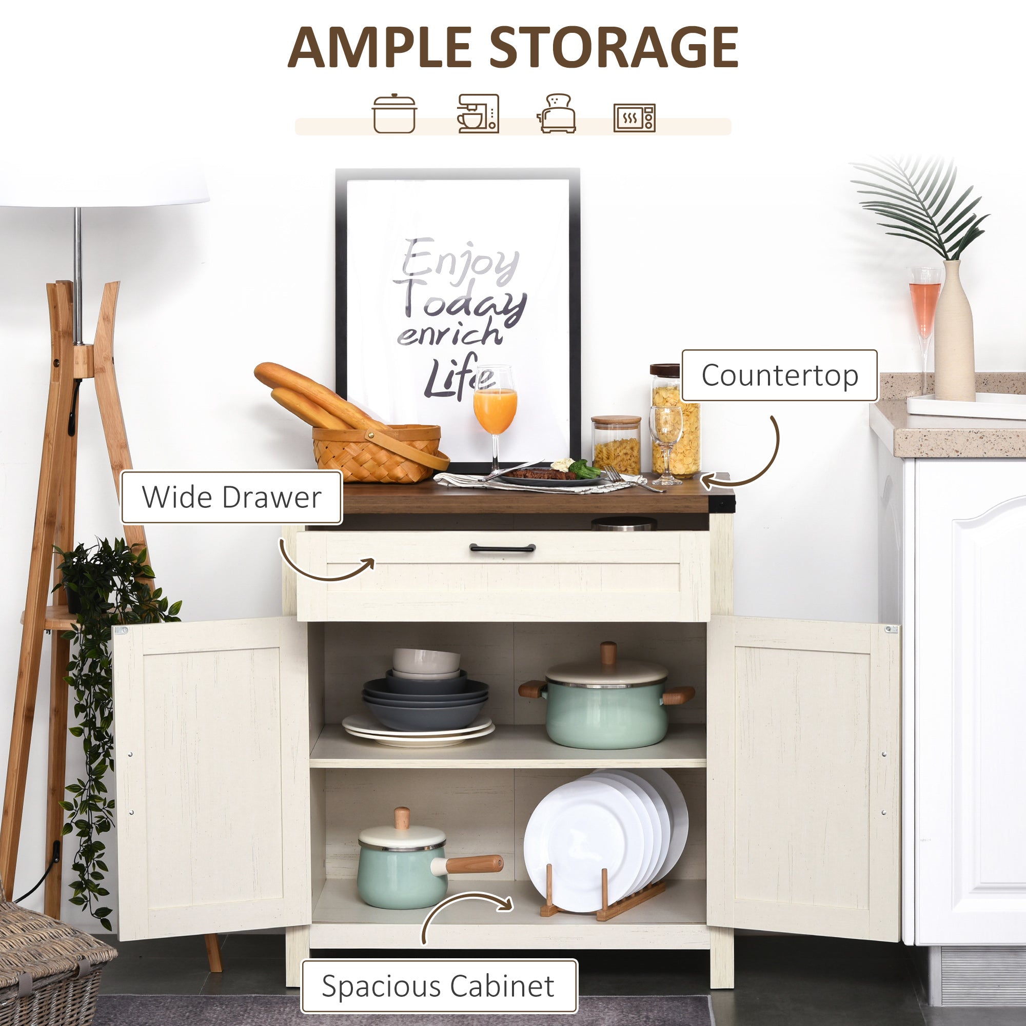 Modern Farmhouse Sideboard with Storage, Buffet Cabinet with 2 Barn Doors and Drawer for Dining Room, Distressed White