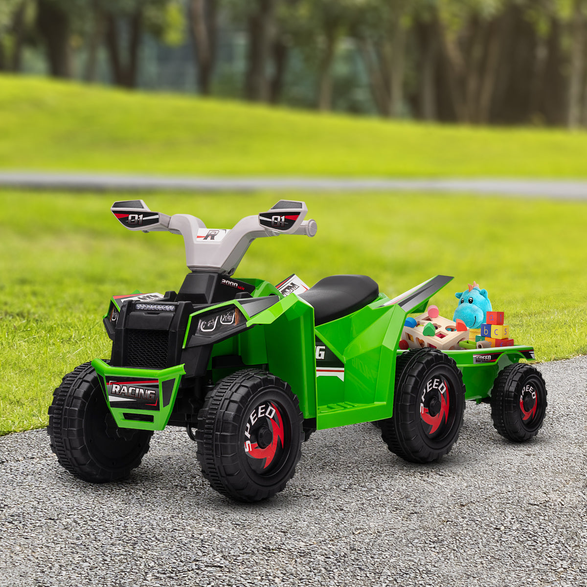6V Electric Toy Car with Back Trailer, Forward Backward, Wear-Resistant Wheels for Ages 18-36 Months, Green