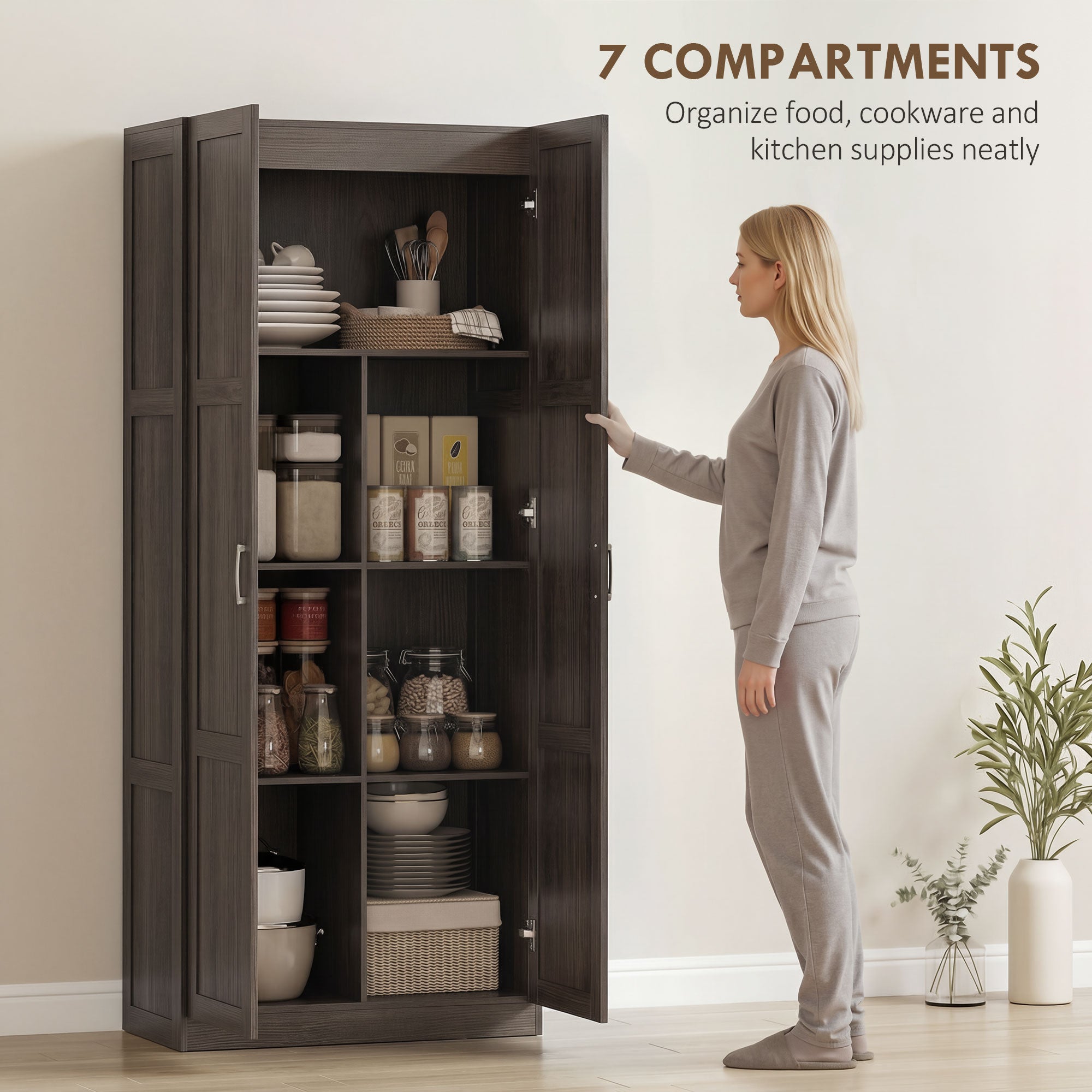 Farmhouse Pantry Cabinet, 71" Tall Kitchen Pantry Storage Cabinet with Soft-Close Hinges, Adjustable Shelves, Espresso