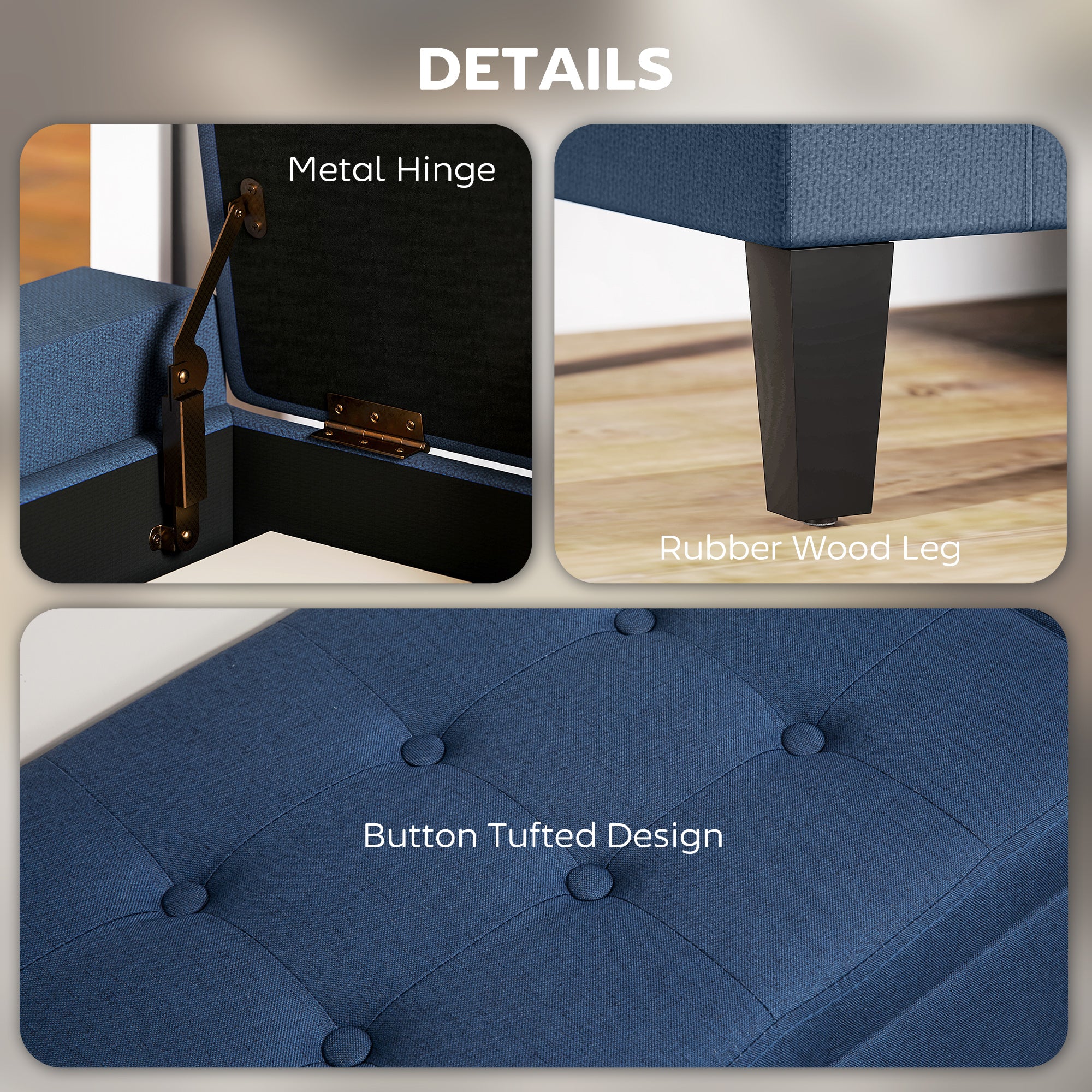 Upholstered Storage Ottoman Bench, Button Tufted Ottoman with Hidden Storage, Lift Top for Living Room, Dark Blue