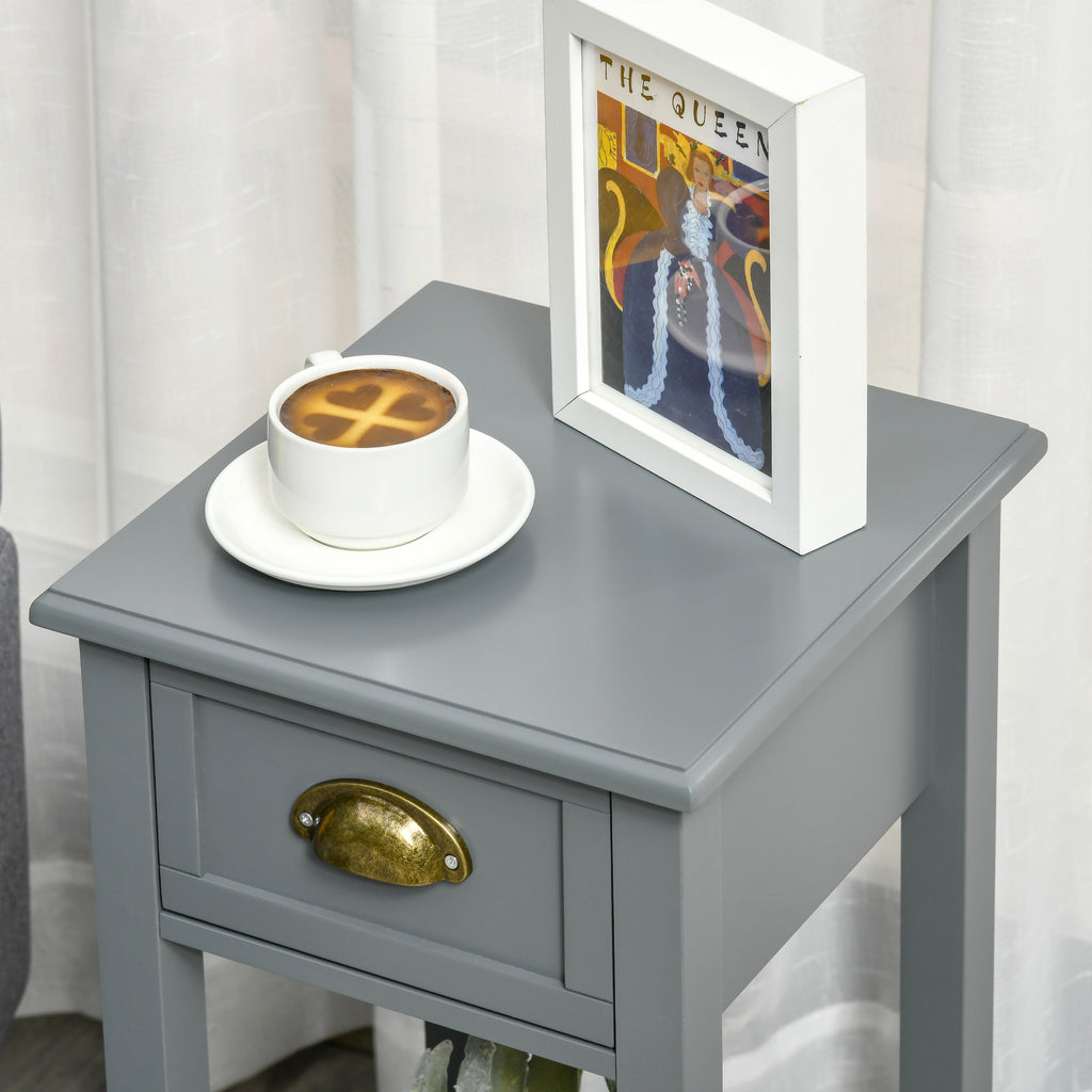 2-Tier Tall Side Table, Nightstand End Table w/ Drawer & Bottom Shelf for Living Room, Bedroom, Gray