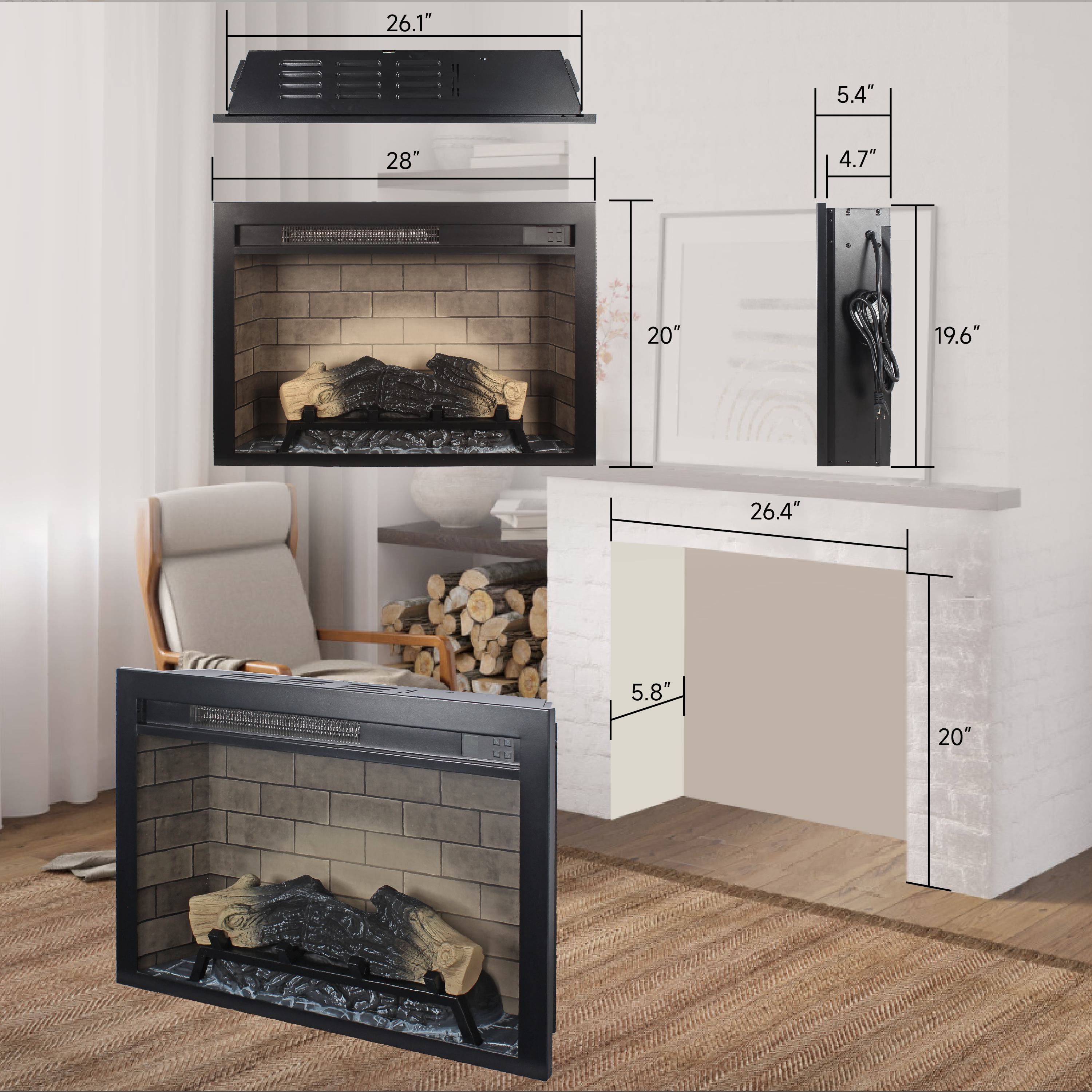 28" Electric Fireplace Insert with Multicolored Flames, Adjustable Brightness, and Remote Control, Antique Black