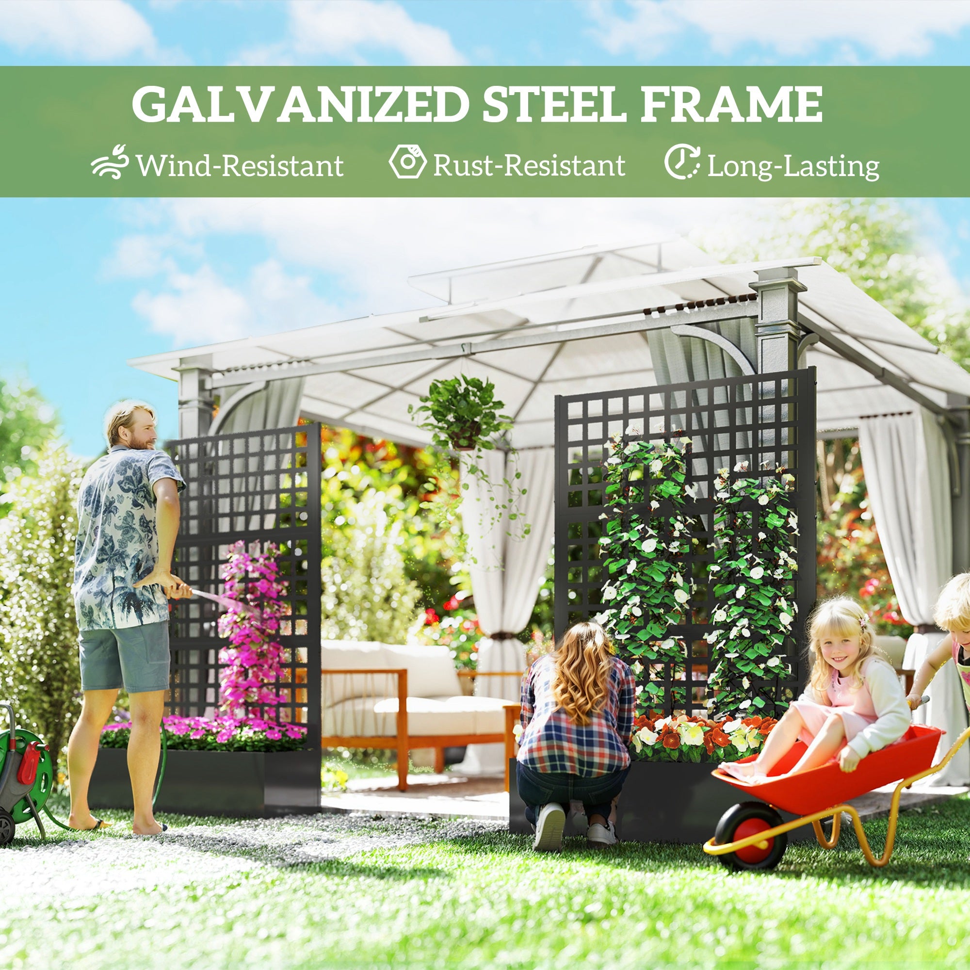 Galvanized Raised Garden Bed Planter Box with Trellis for Climbing Plants, Vegetable, Vines, 43" x 16" x 70", Black