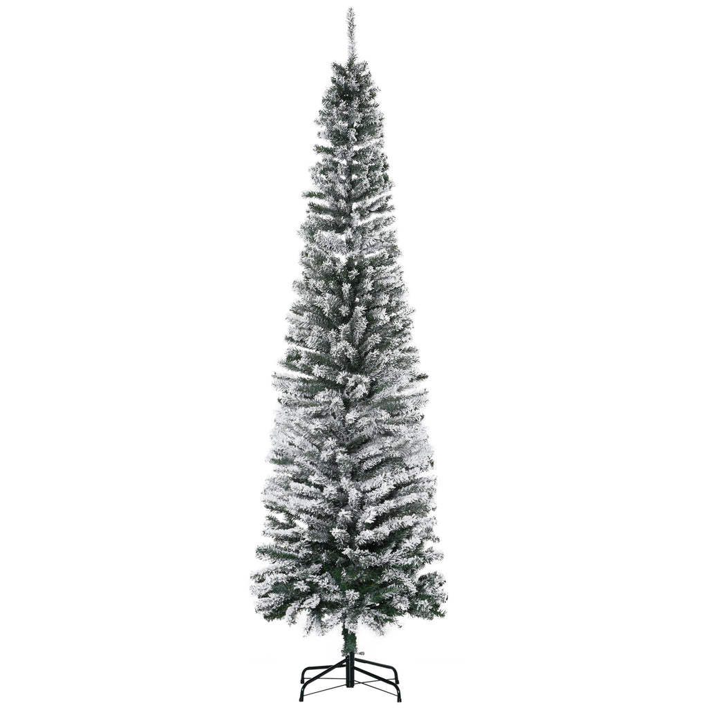 7.5ft Flocked Christmas Tree, Pencil Artificial Xmas Tree with Faux Snow, Dense Branches, Foldable Metal Base for Indoor Holiday Decor