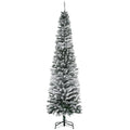 7.5ft Flocked Christmas Tree, Pencil Artificial Xmas Tree with Faux Snow, Dense Branches, Foldable Metal Base for Indoor Holiday Decor