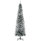 7.5ft Flocked Christmas Tree, Pencil Artificial Xmas Tree with Faux Snow, Dense Branches, Foldable Metal Base for Indoor Holiday Decor
