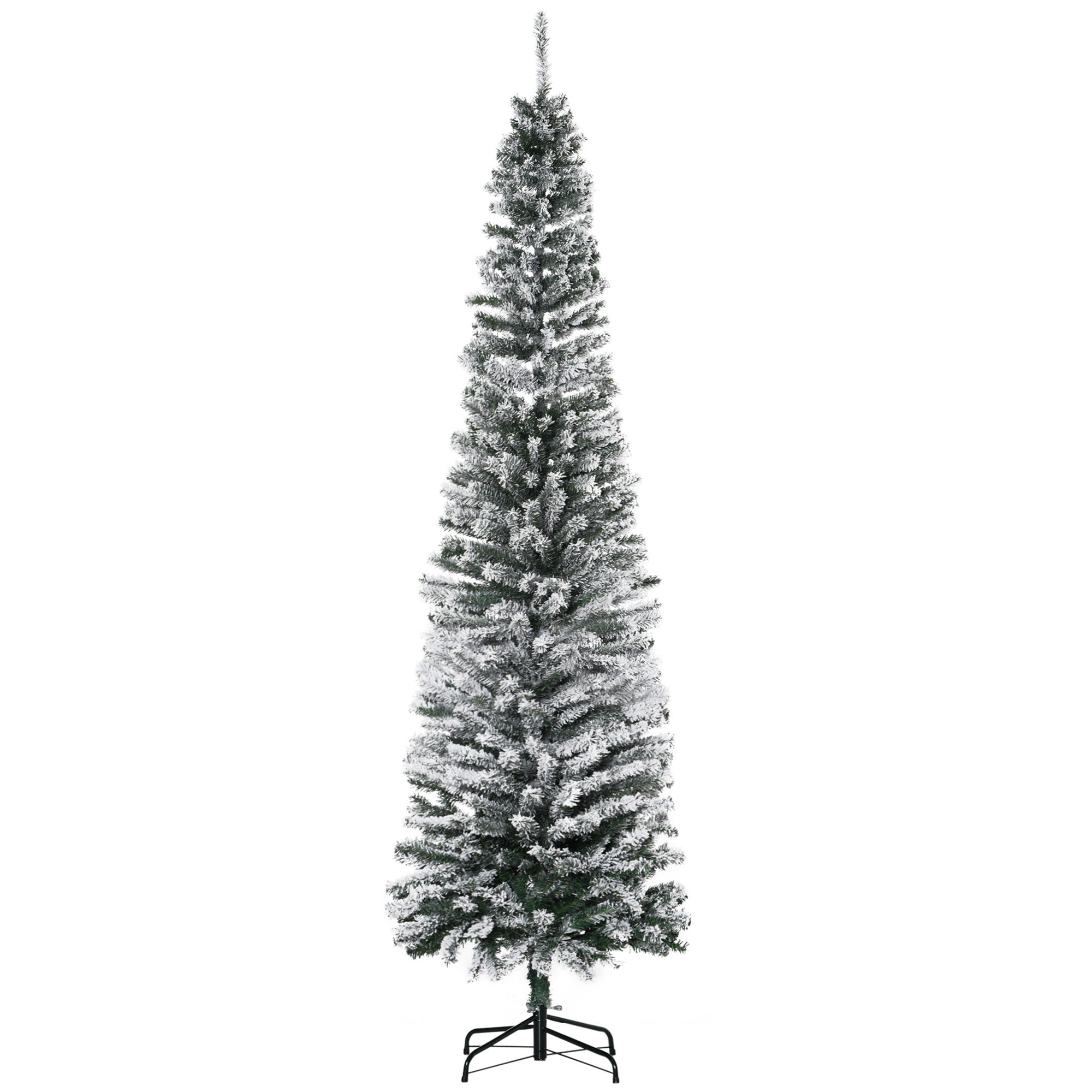 7.5ft Flocked Christmas Tree, Pencil Artificial Xmas Tree with Faux Snow, Dense Branches, Foldable Metal Base for Indoor Holiday Decor
