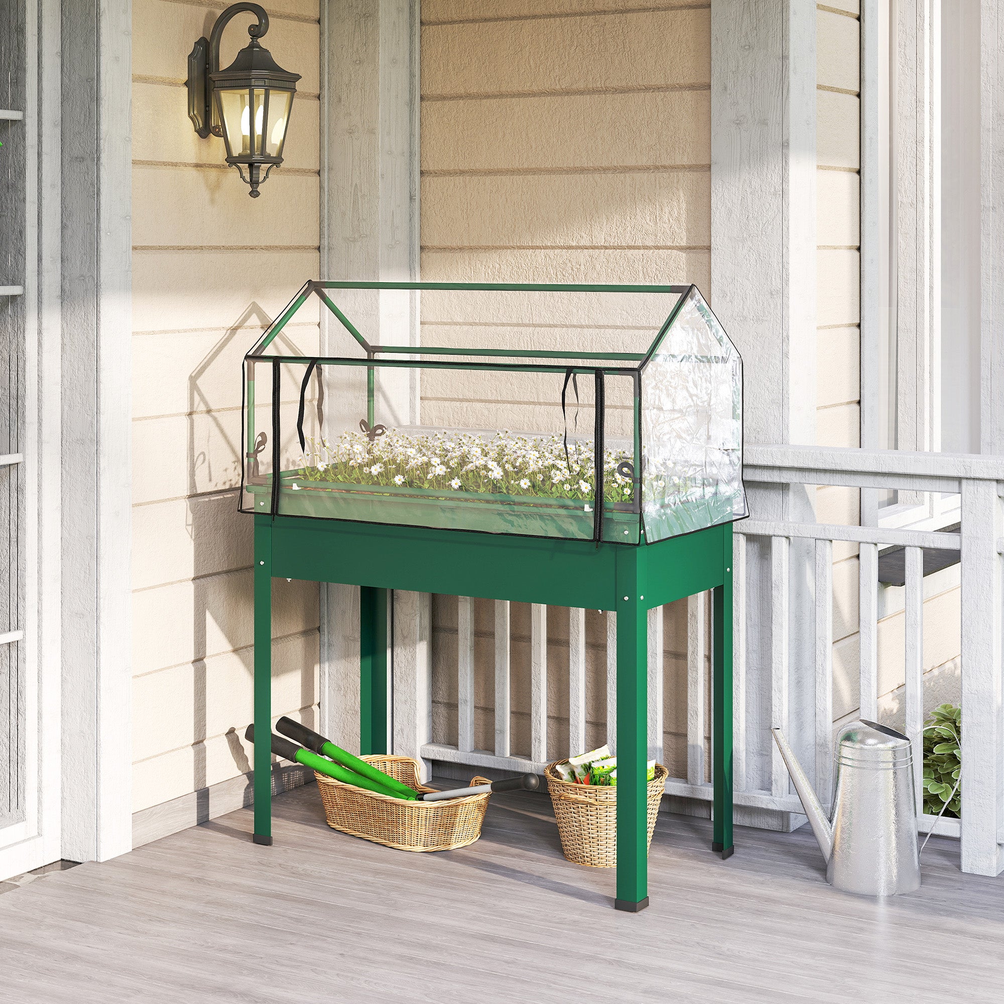 Elevated Garden Box with Greenhouse Cover, Raised Garden Bed with Legs and Drainage Hole for Vegetables, Green