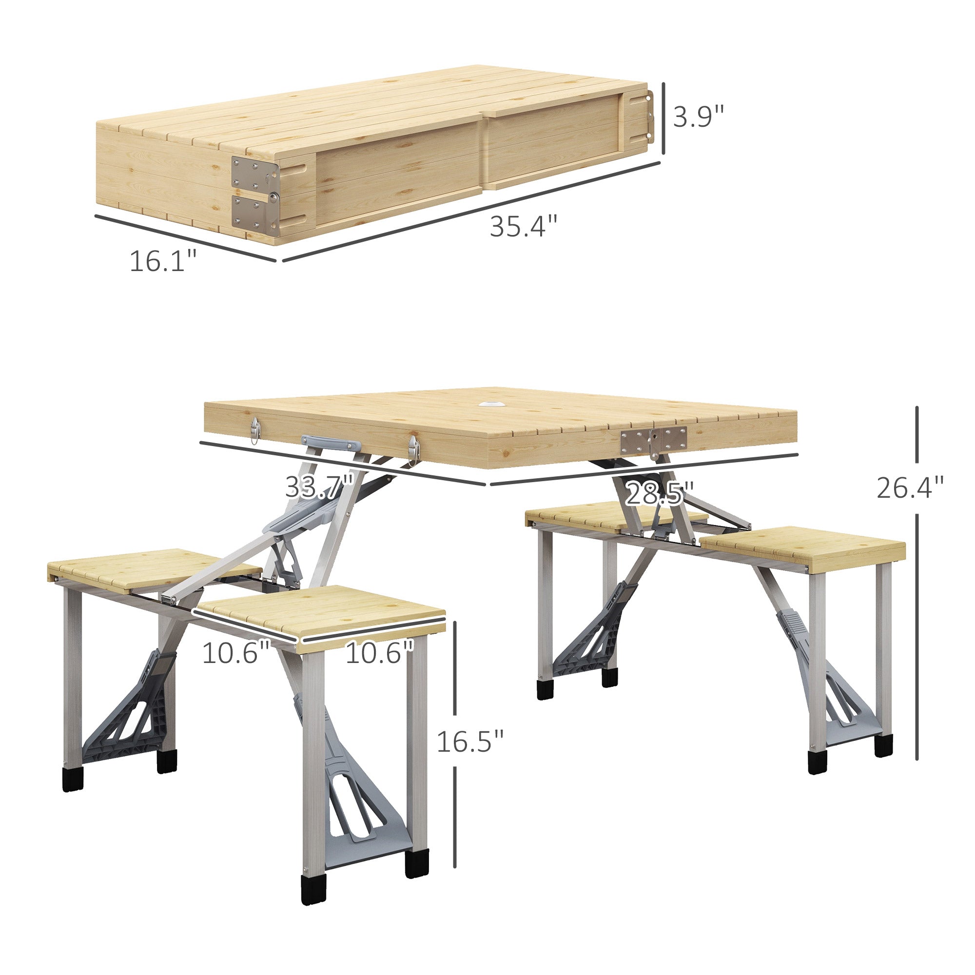 Aluminum Frame Folding Picnic Table, Portable Camping Table and Chairs Set with Umbrella Hole
