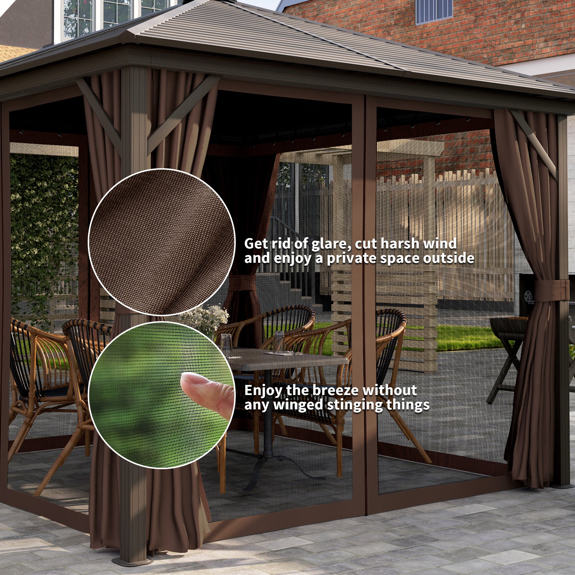 10' x 10' Hardtop Gazebo Canopy, Permanent Pavilion with Hook, Curtains, Aluminum Frame for Patio, Garden, Dark Brown