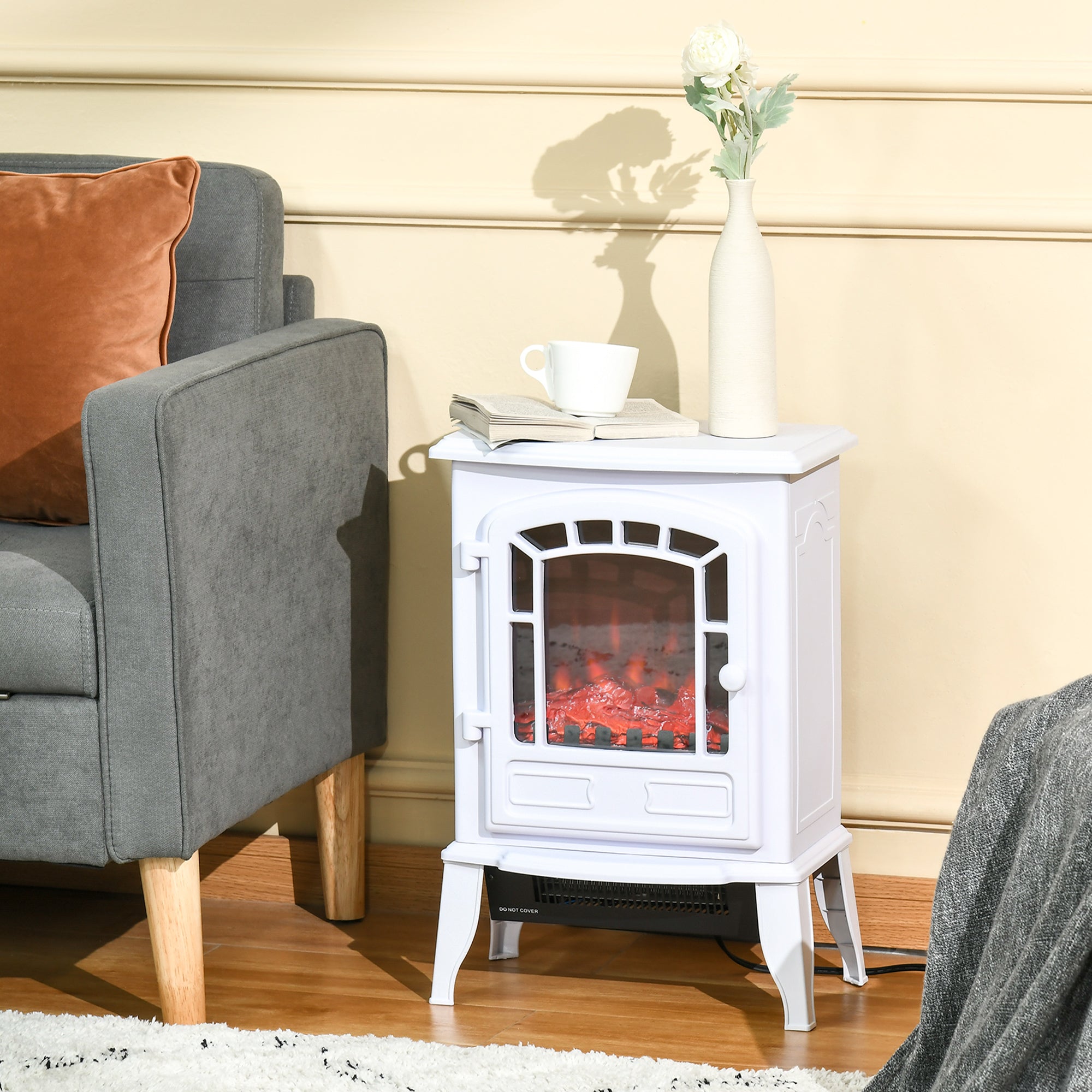 Electric Fireplace Heater, Freestanding Fireplace Stove with Realistic Flame Effect Overheat Protection 750W/1500W White