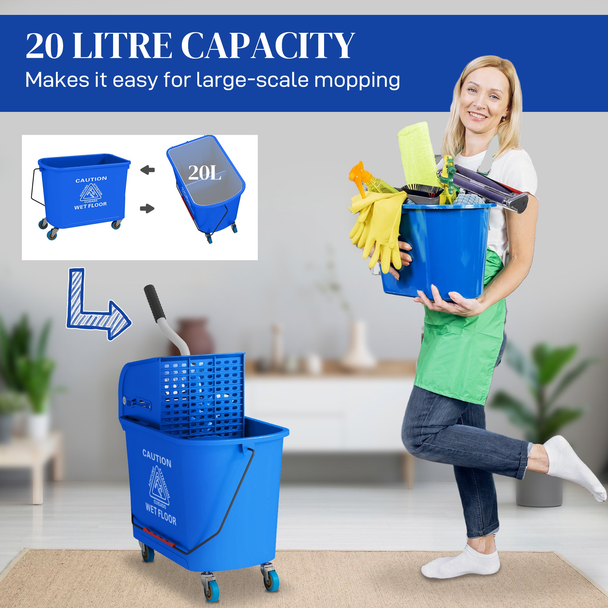 Compact Mop Bucket with Wringer, Mop Bucket on Wheels for Floor Cleaning, 21 Quart, Separate Dirty and Clean Water, Blue