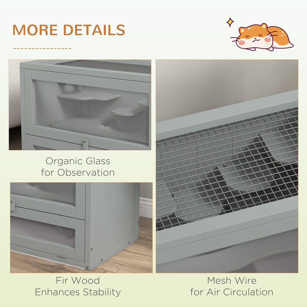 2-Level Hamster Cage with Openable Top, Door, Shelf, Ladder, Gray
