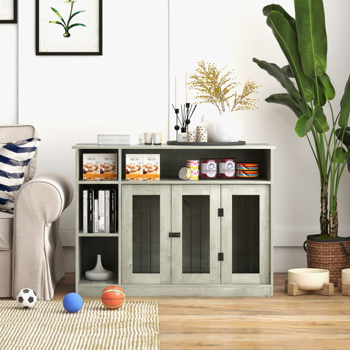 47" Dog Crate Furniture with Storage, for Large Medium Dogs, Gray