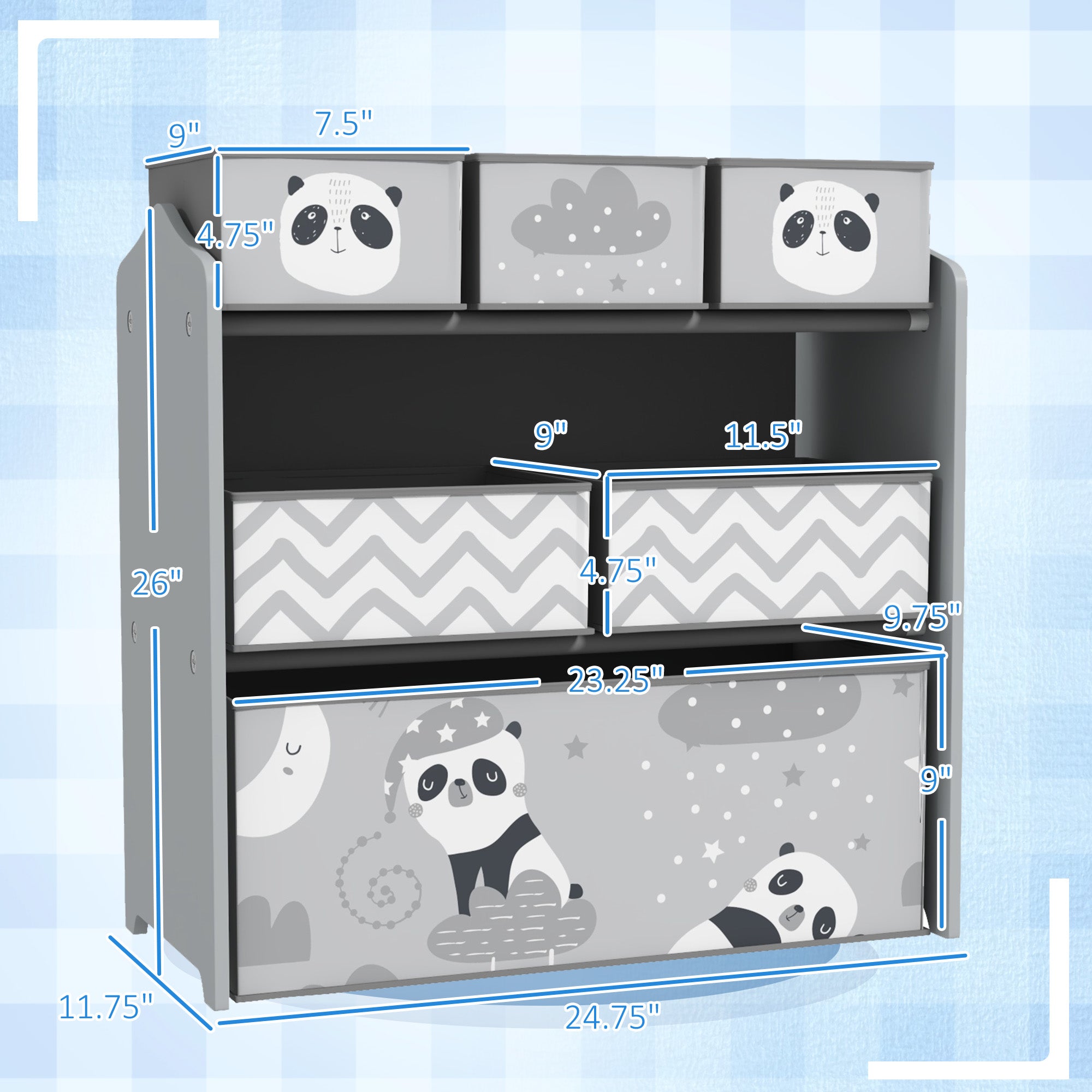 Toy Organizer with 6 Storage Bins, 25" x 12" x 26", Gray