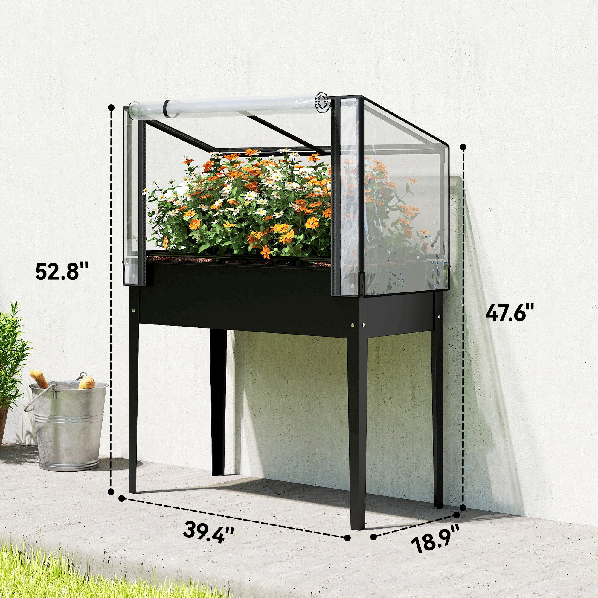 Raised Garden Bed with Flip-Up Greenhouse Cover, Metal Elevated Garden Bed with Legs and Drainage Hole, Black