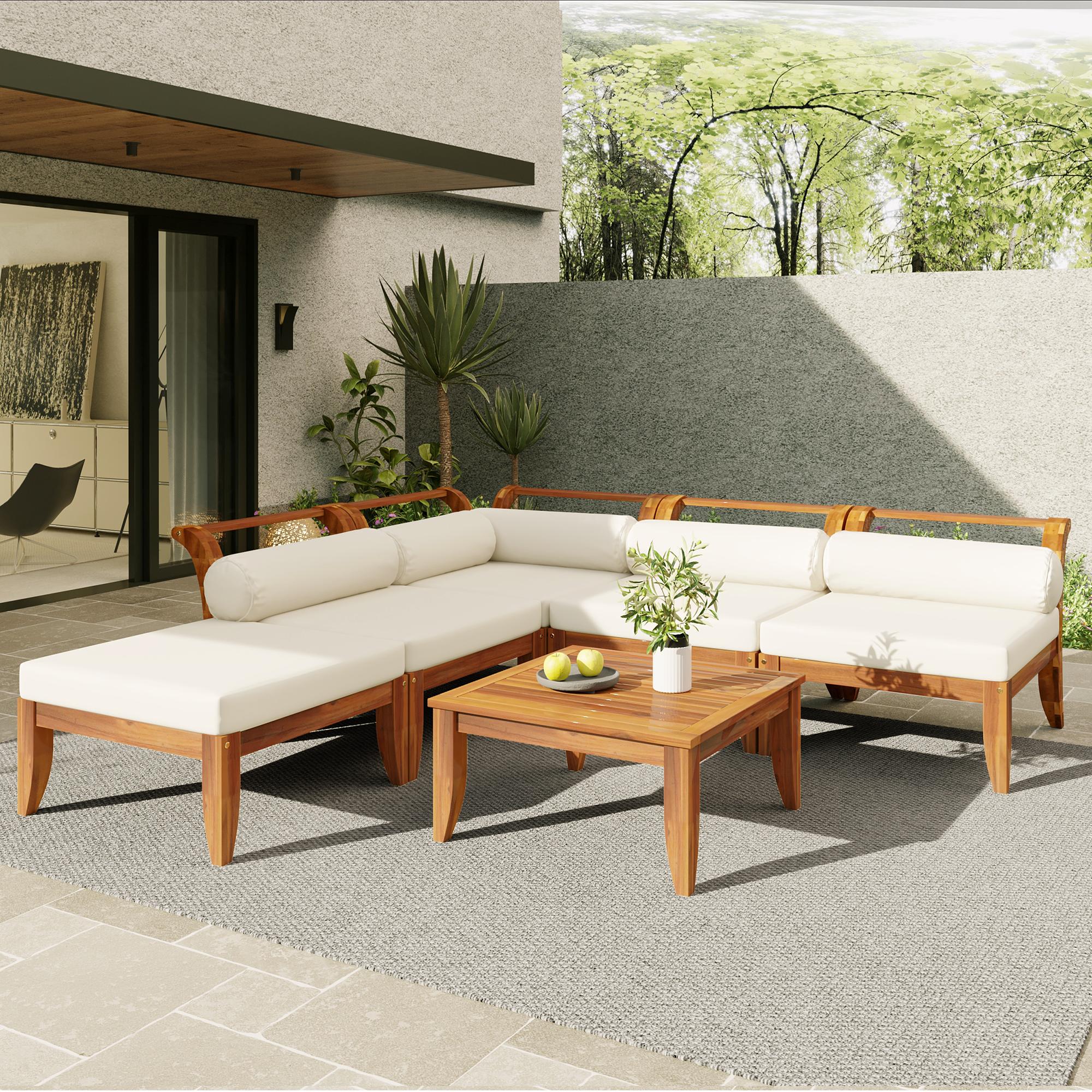 6 Piece Patio Sofa Set with Tea Table & Ottoman for Garden, Modular Sectional with 5 Thick Cushion, 30" L x 27.5" W x 16" H, Teak+Beige