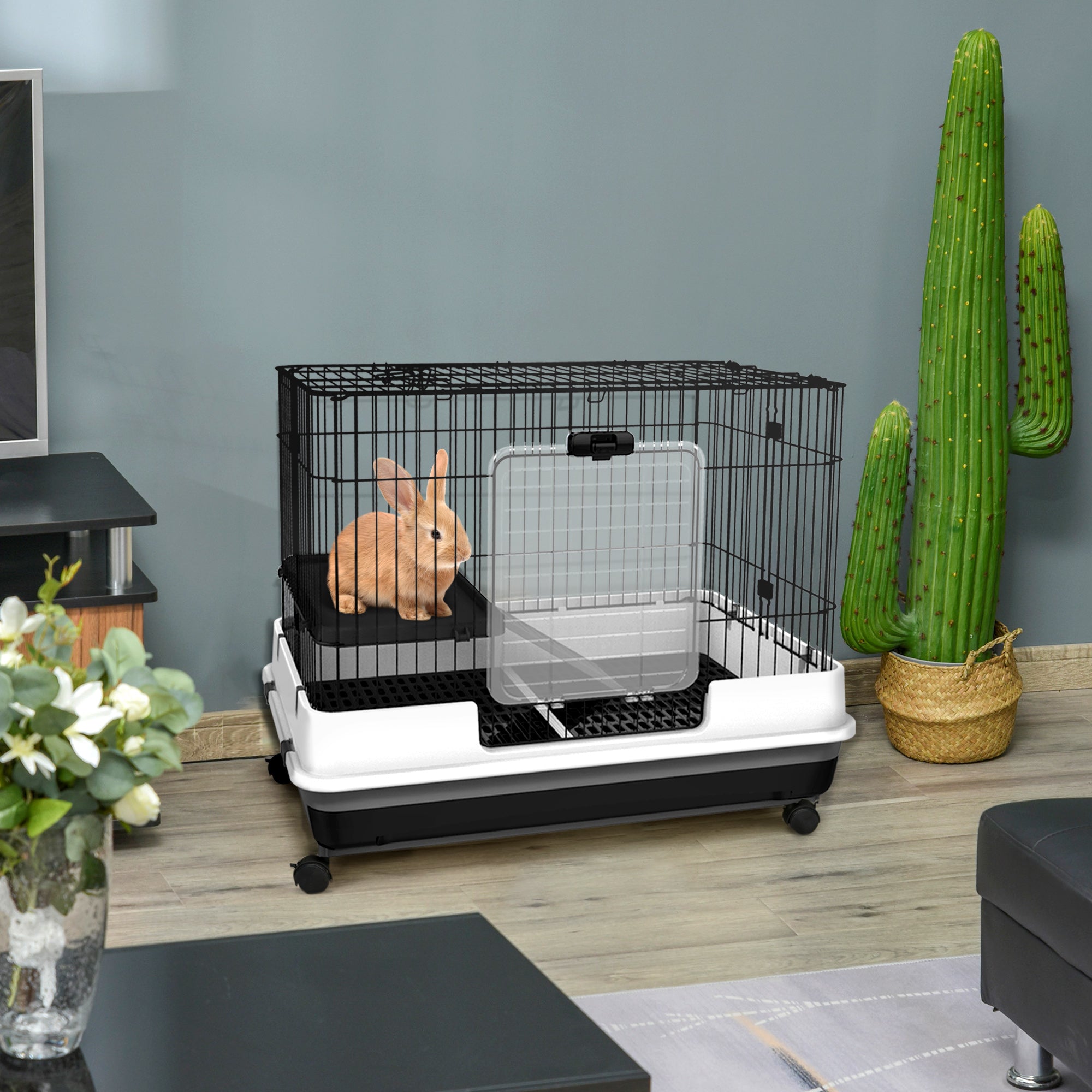 2-Level Small Animal Cage Rabbit Hutch with Wheels, Removable Tray, Platform and Ramp for Bunny, Chinchillas, Ferret, Black