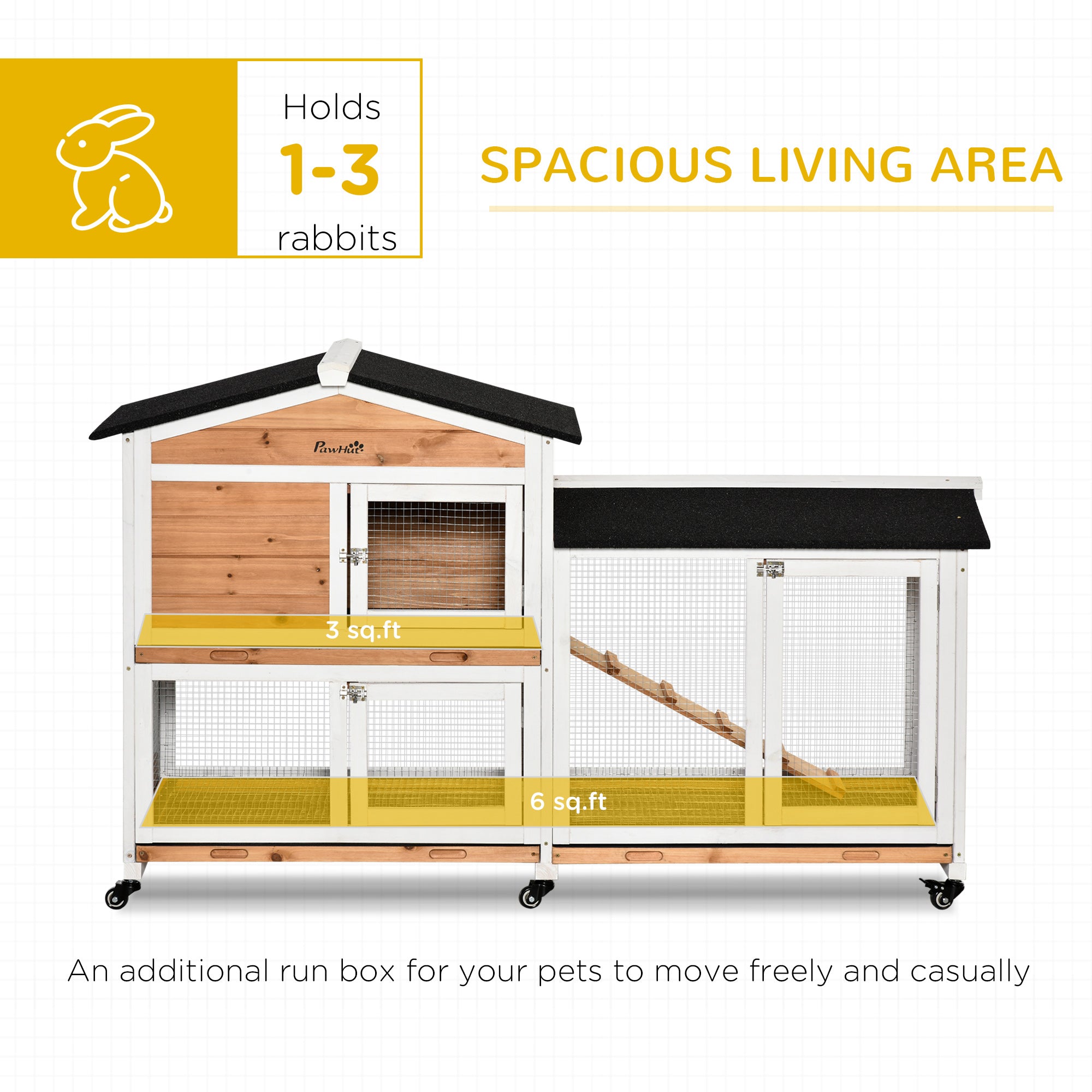 62" Wooden Mobile Rabbit Hutch with Wheels, Run Box, Slide-out Tray, Ramp, Yellow