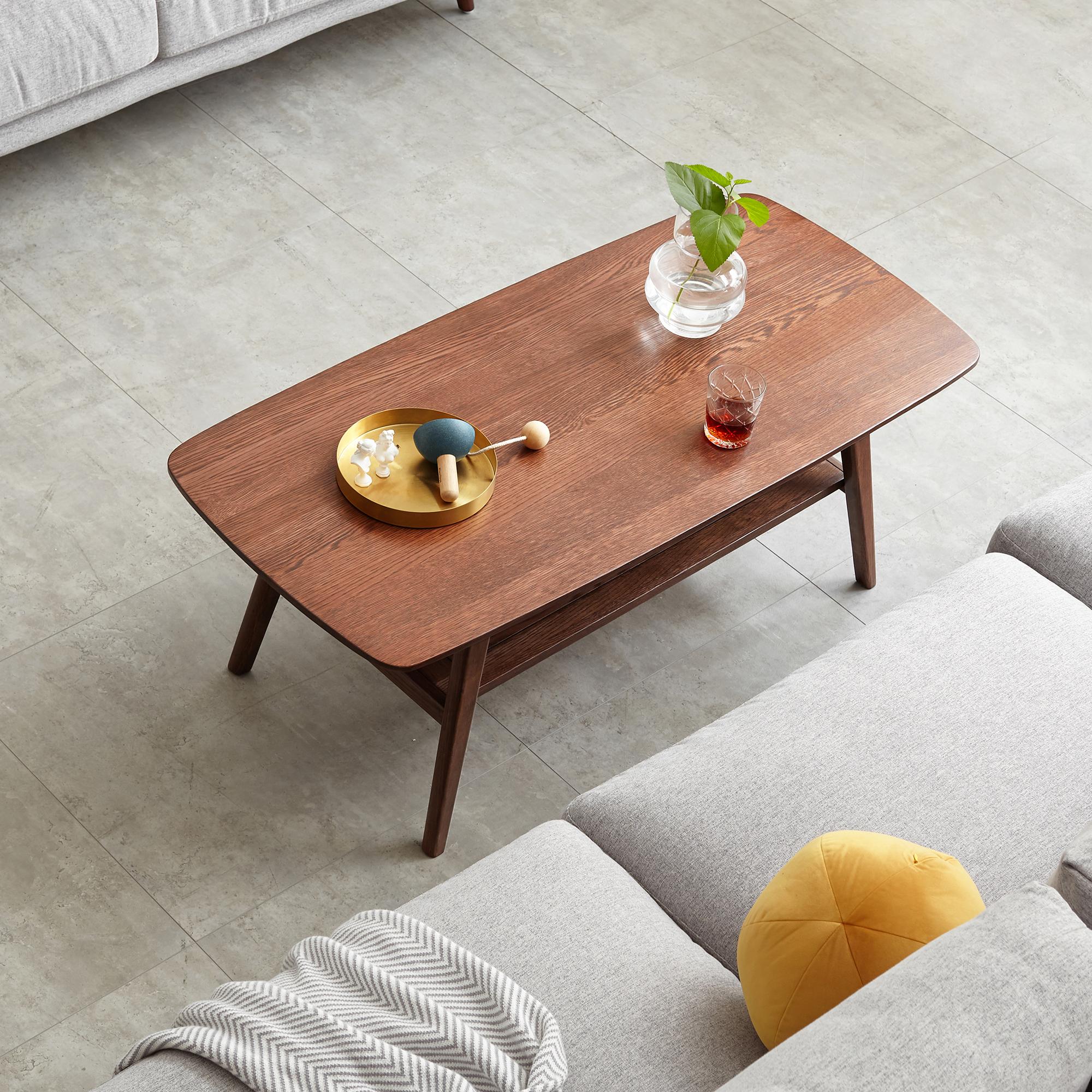 Practical Coffee Table with 2-Tier Open Storage & Rounded Corners, Safe center table for Living Area, 31.5″ L x 19.5″ W x 17.5″ H, Walnut
