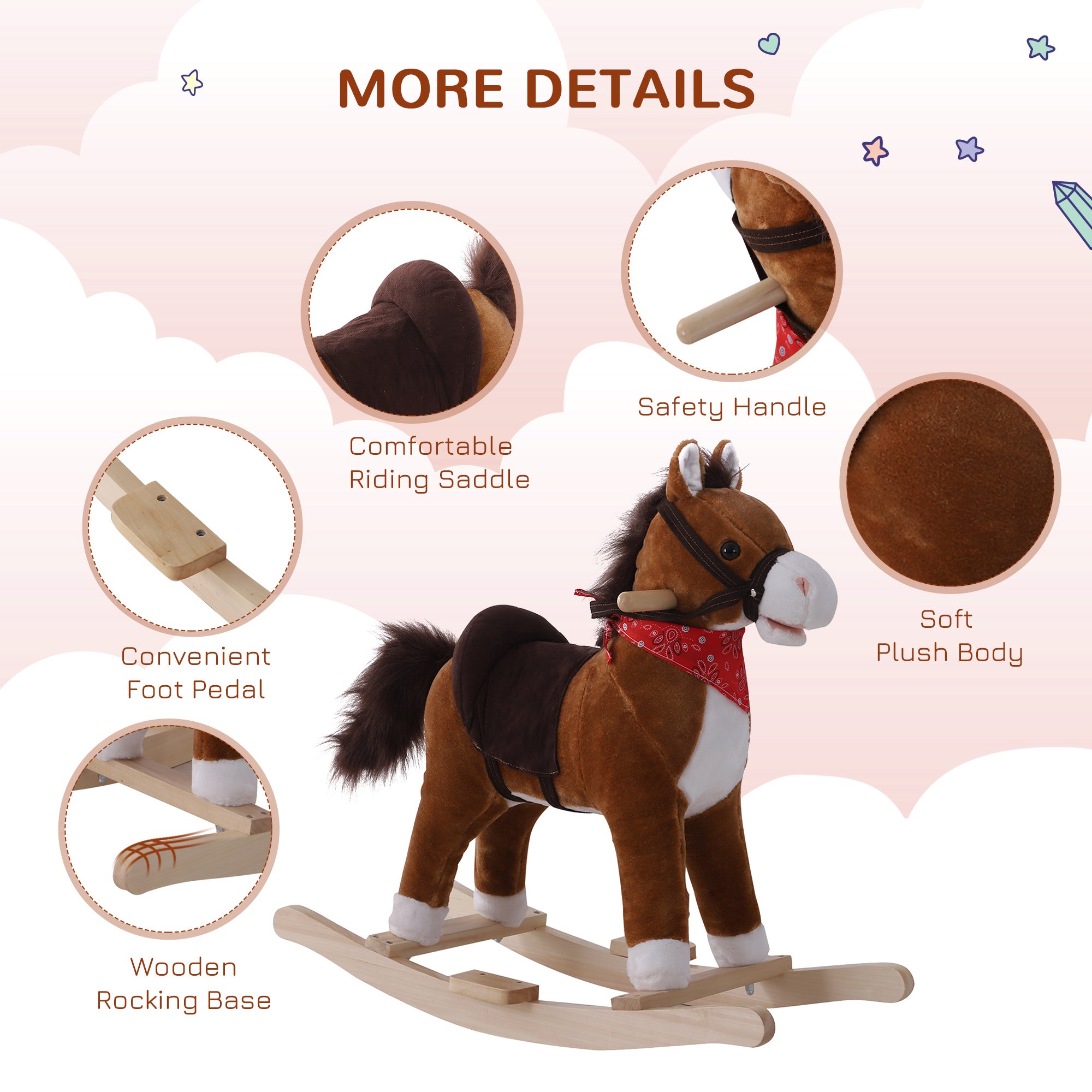 Kids Ride on Rocking Horse Plush Toy with Realistic Sounds and Red Scarf for Over 3 Years Old Birth Gift