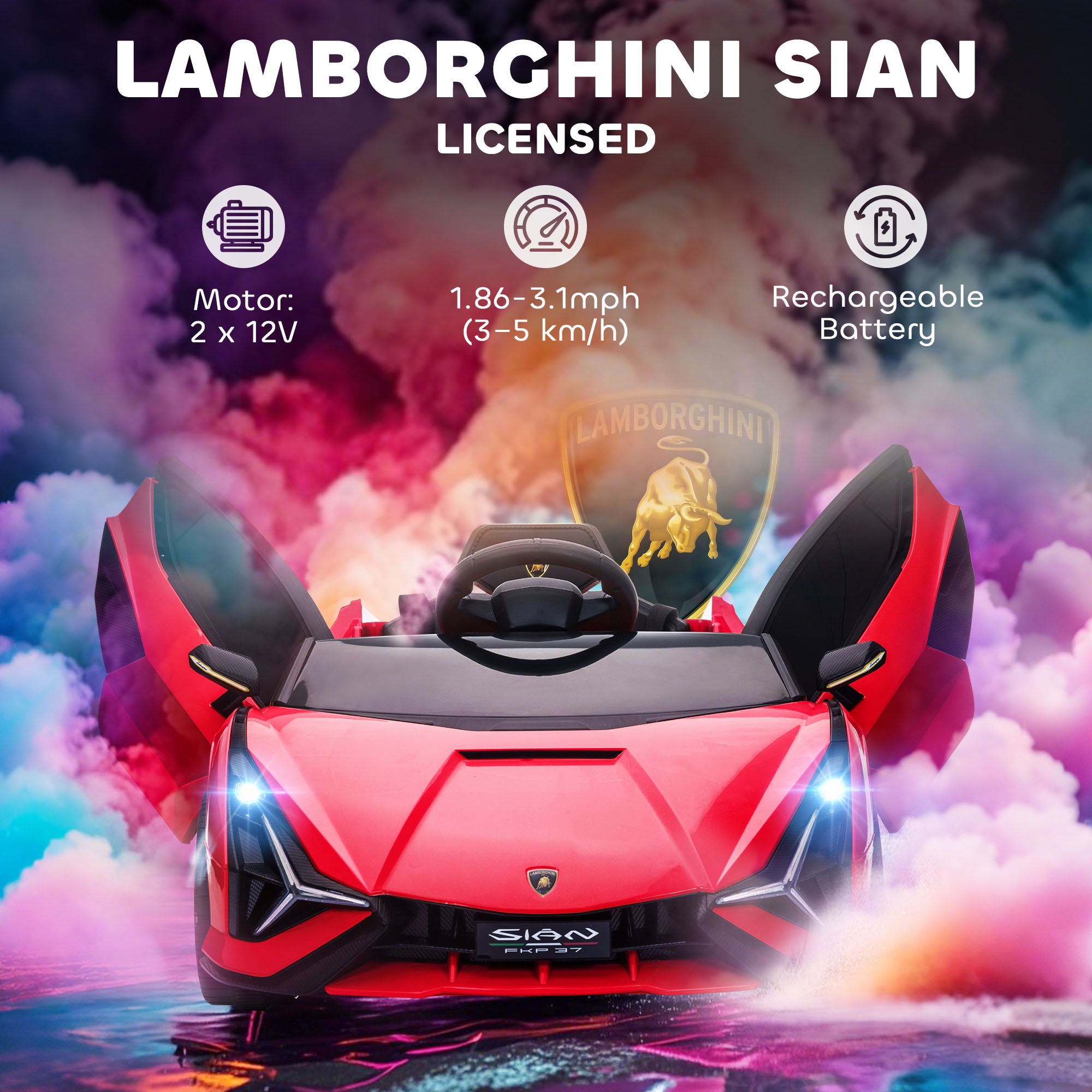 12V SIAN Licensed Electric Car for kids with Remote Control, Horn, Music, & Headlights, Red