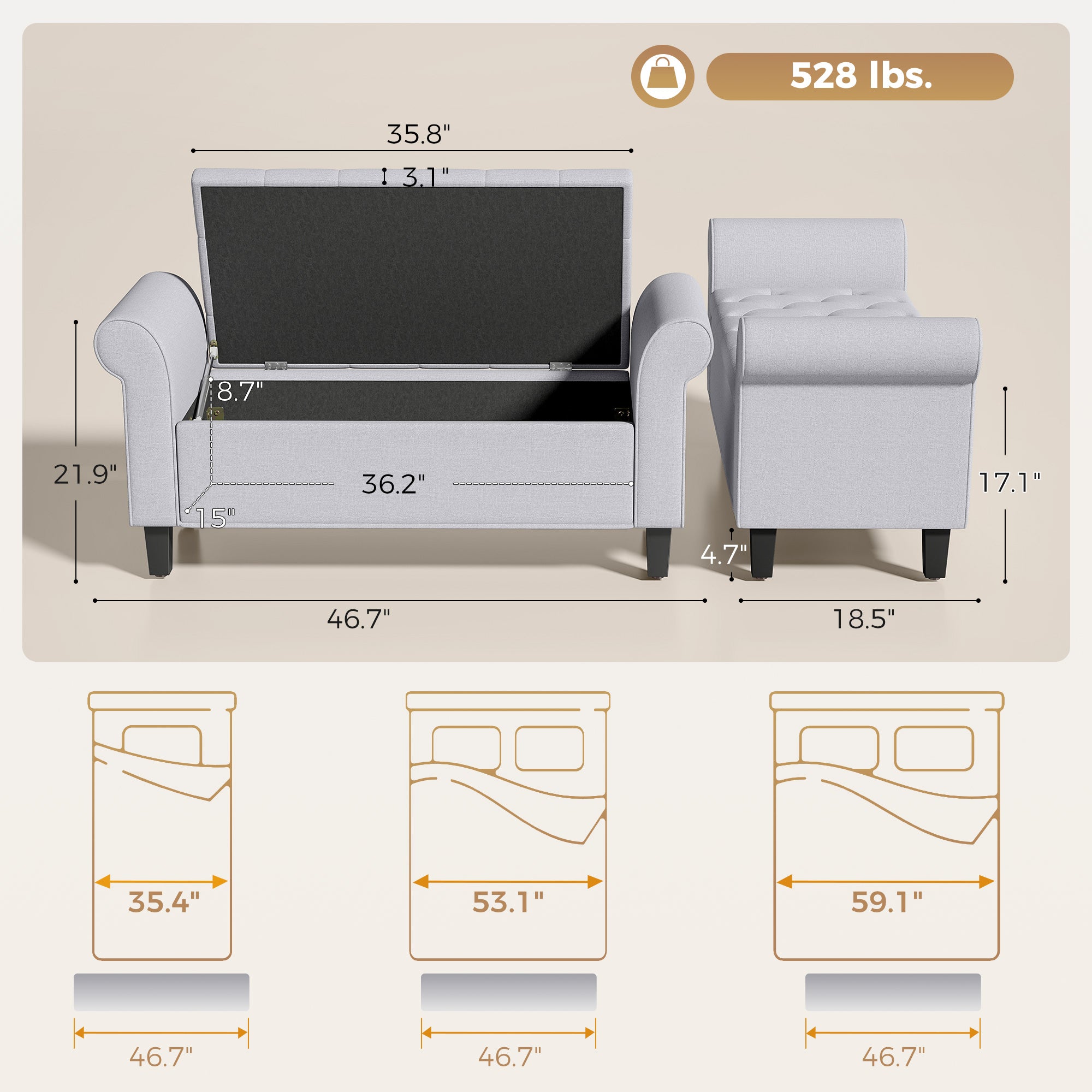 47" Storage Ottoman Bench, Tufted End of Bed Bench with Rolled Arms, Safety Hinge, Wood Legs for Bedroom, Light Gray