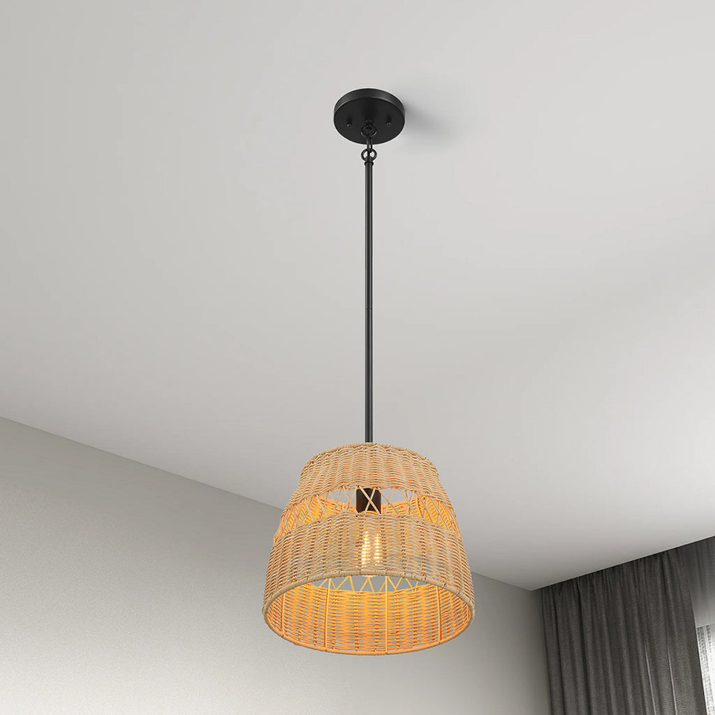 Farmhouse Style Single Light Pendant with Rattan Shade, Black Metal Finish, Ideal for Homer Decor, 12" L x 12" W x 10" H, Black