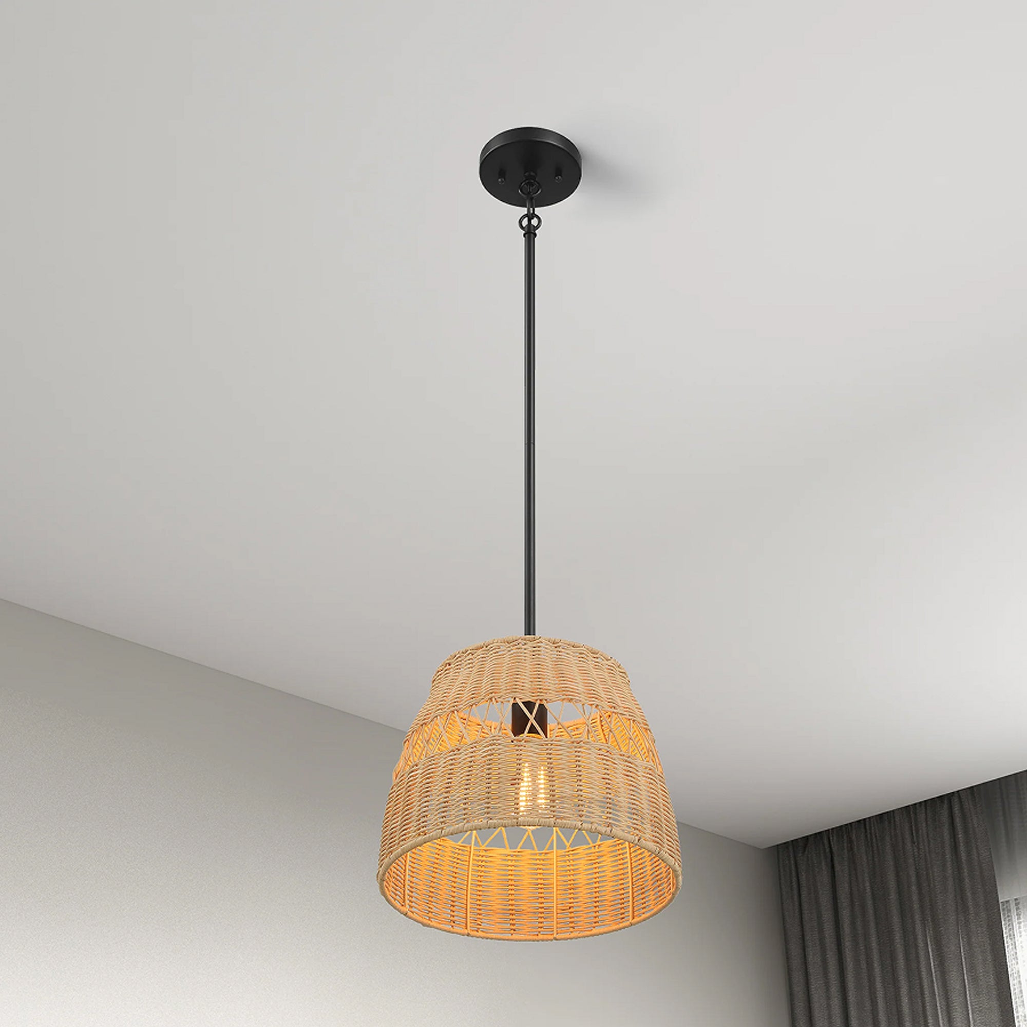 Farmhouse Style Single Light Pendant with Rattan Shade, Black Metal Finish, Ideal for Homer Decor, 12" L x 12" W x 10" H, Black