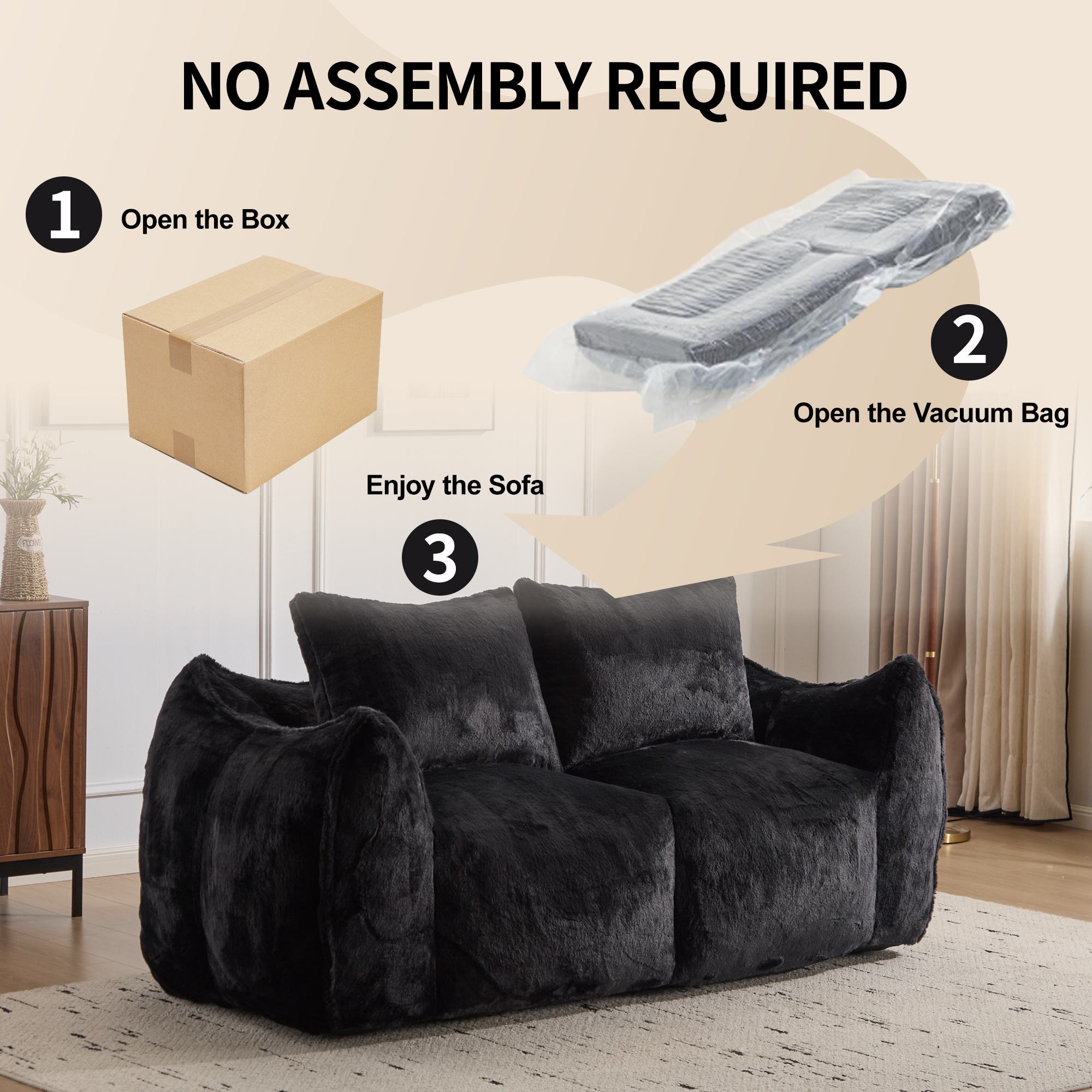 Bean Bag Sofa with High-Density Foam and Faux Fur Fabric, Compressed Sofa Oversized Fluffy Loveseat for Adults, 75" L x 42.5" W x 28.5" H, Black