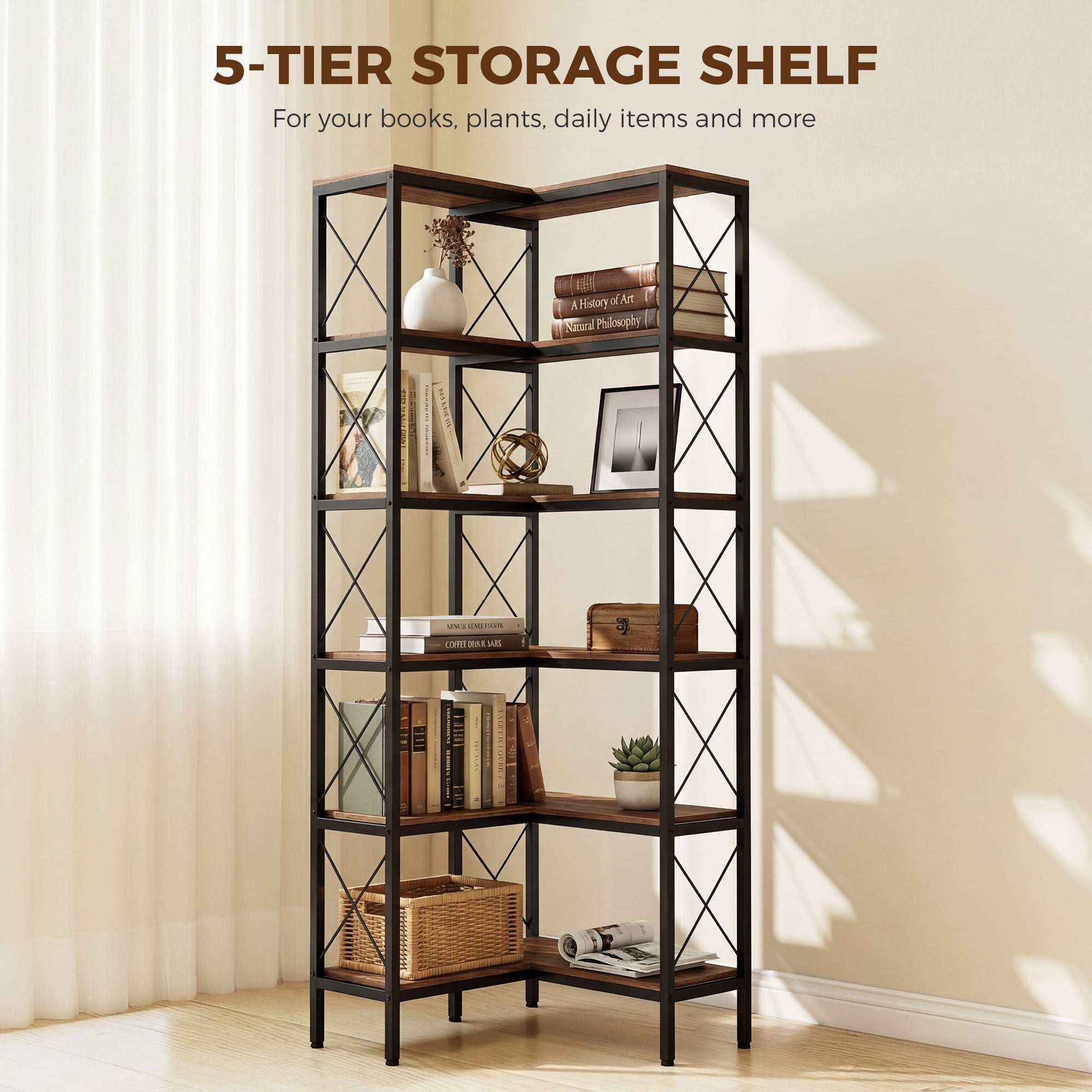5-Tier L-Shaped Bookshelf, Freestanding Bookcase with Metal Frame, Rustic Brown