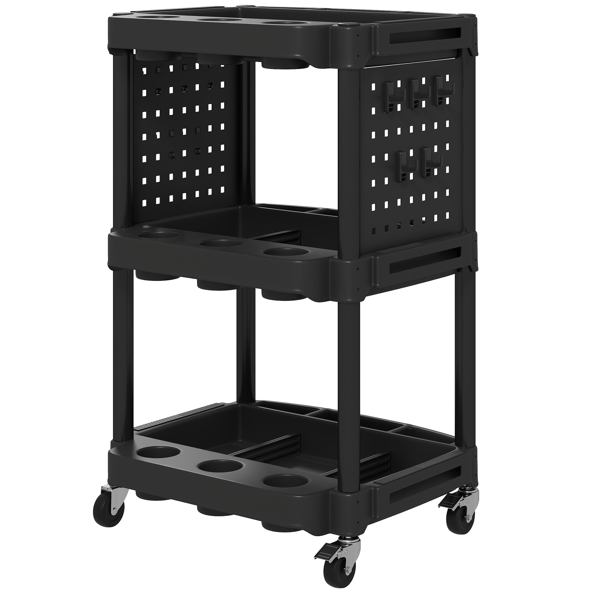 3-Tier Rolling Tool Cart, 200 LBS Capacity Plastic Utility Cart with Side Shelves for Garage, Workshop, Black