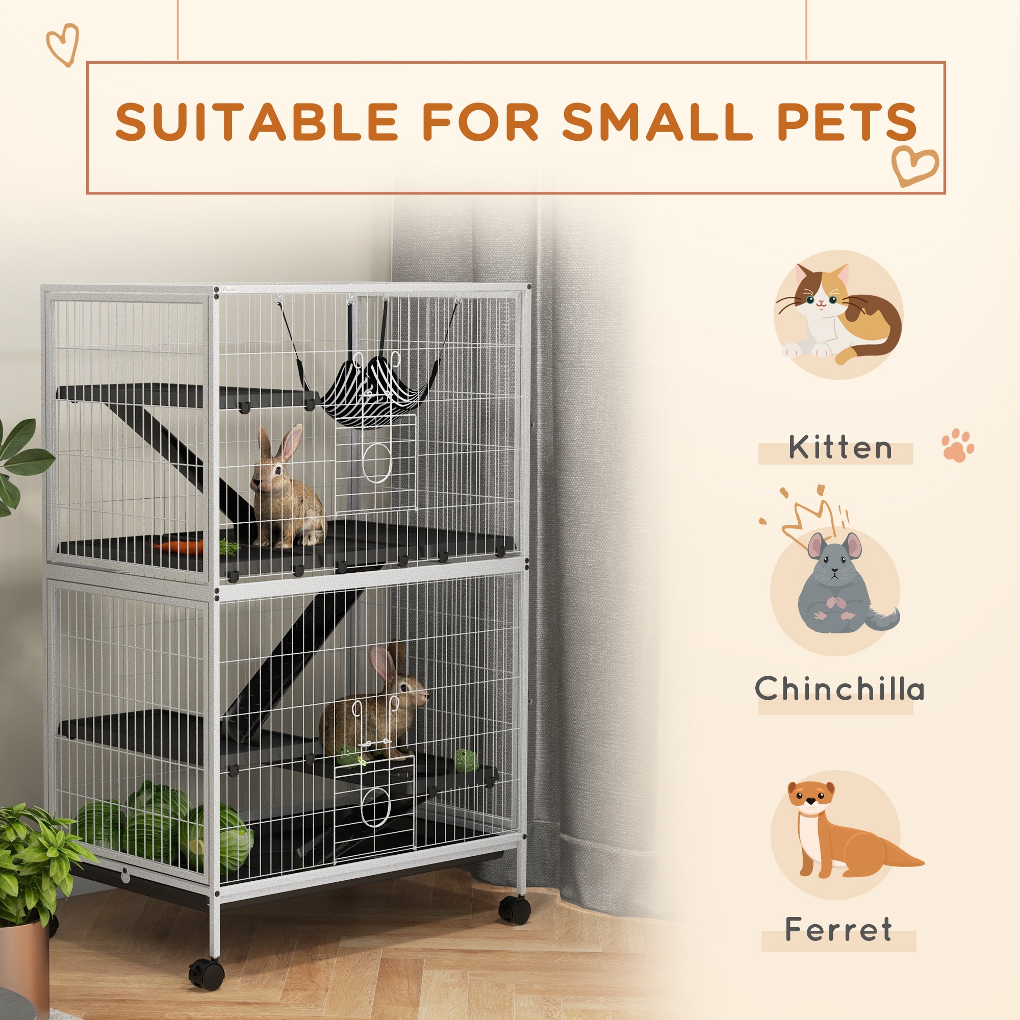 50" H Rolling Small Animal Cage with Hammock, Ferret Cage, Chinchilla Cage, Pet Habitat, wIth 4 Doors, Removable Tray