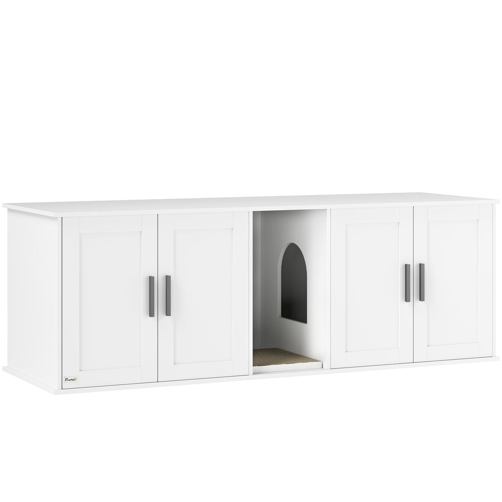 Cat Litter Box Enclosure with Double Room, Scratching Mat for 2 Cats, 57" x 19" x 20", White