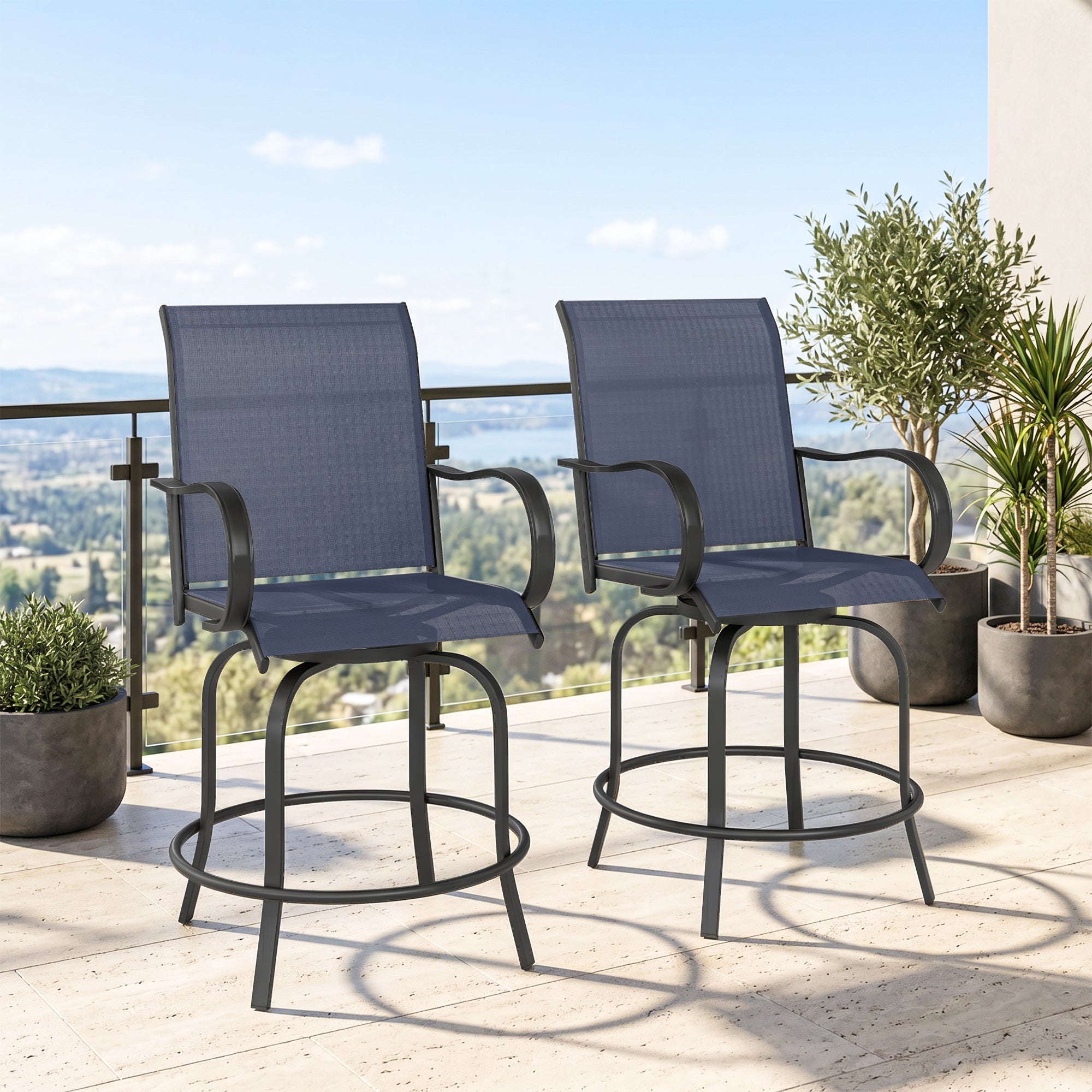 Outdoor Bar Stools Set of 2, 360° Swivel Bar Height Chairs, 26.75" x 29.5" x 48.5", Navy Blue