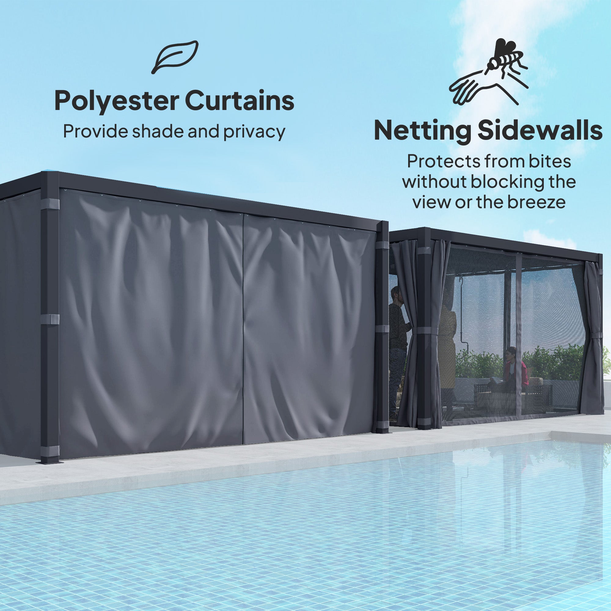 10' x 13' Outdoor Retractable Pergola w/ Sun Shade Louvered Top, Pergola w/ Canopy, Curtains, Netting, Dark Gray