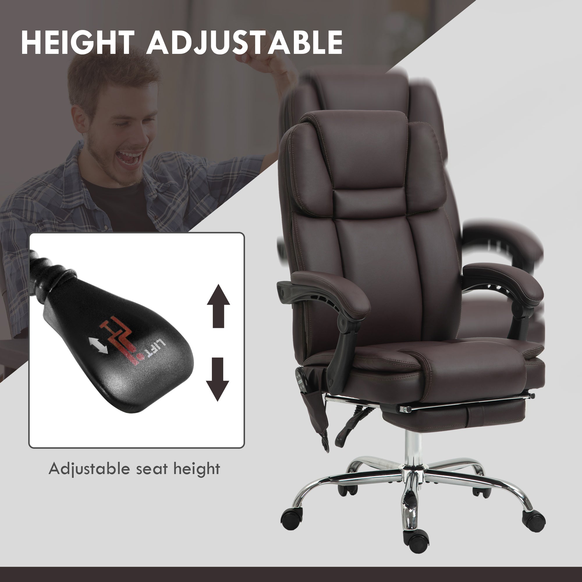 6 Point Vibration Massage Office Chair, PU Leather Reclining Computer Chair with Adjustable Height, Brwon