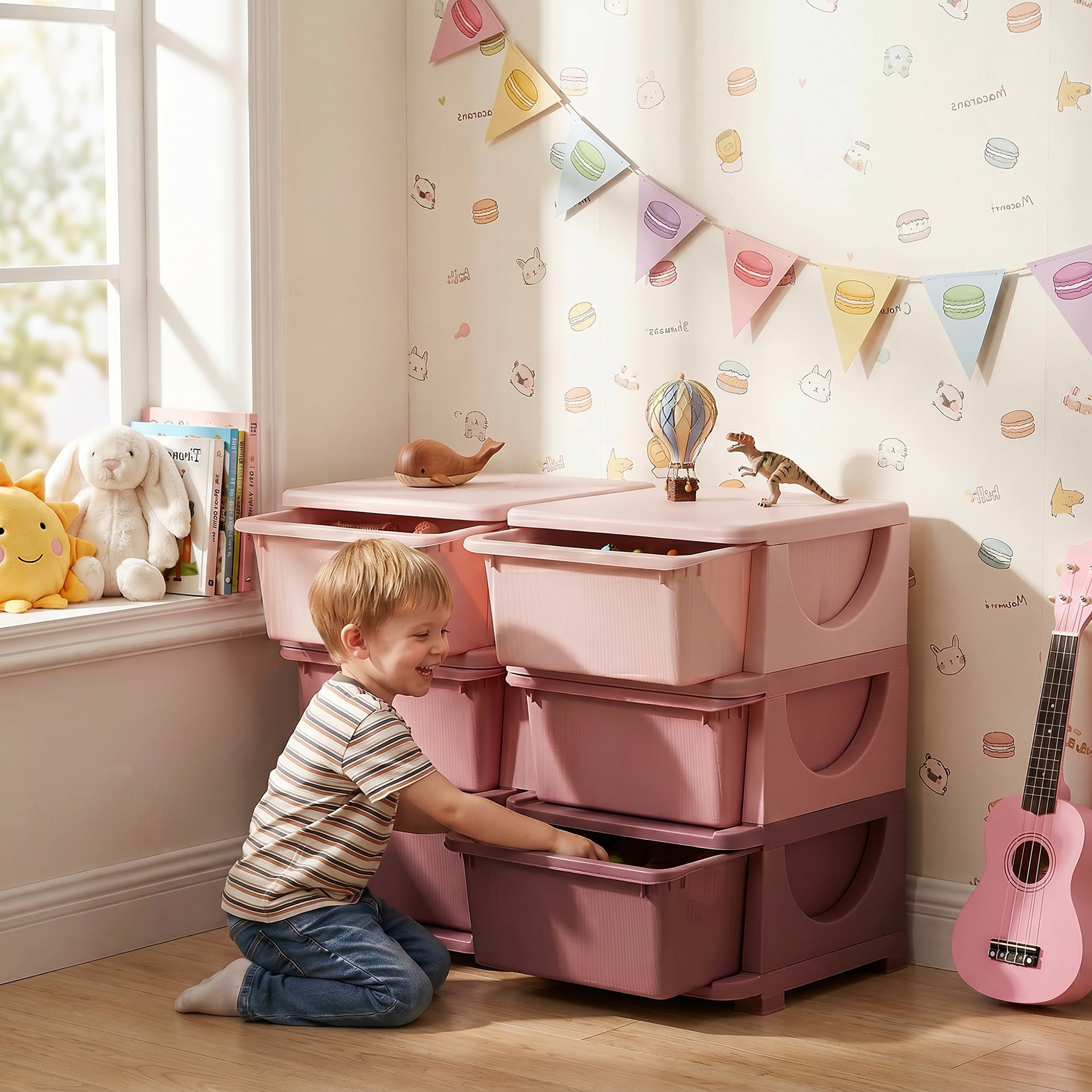 3 Tier Kids Storage Organizer with 6 Drawers for Bedroom, Nursery, Kindergarten, Living Room, Boys and Girls, Pink