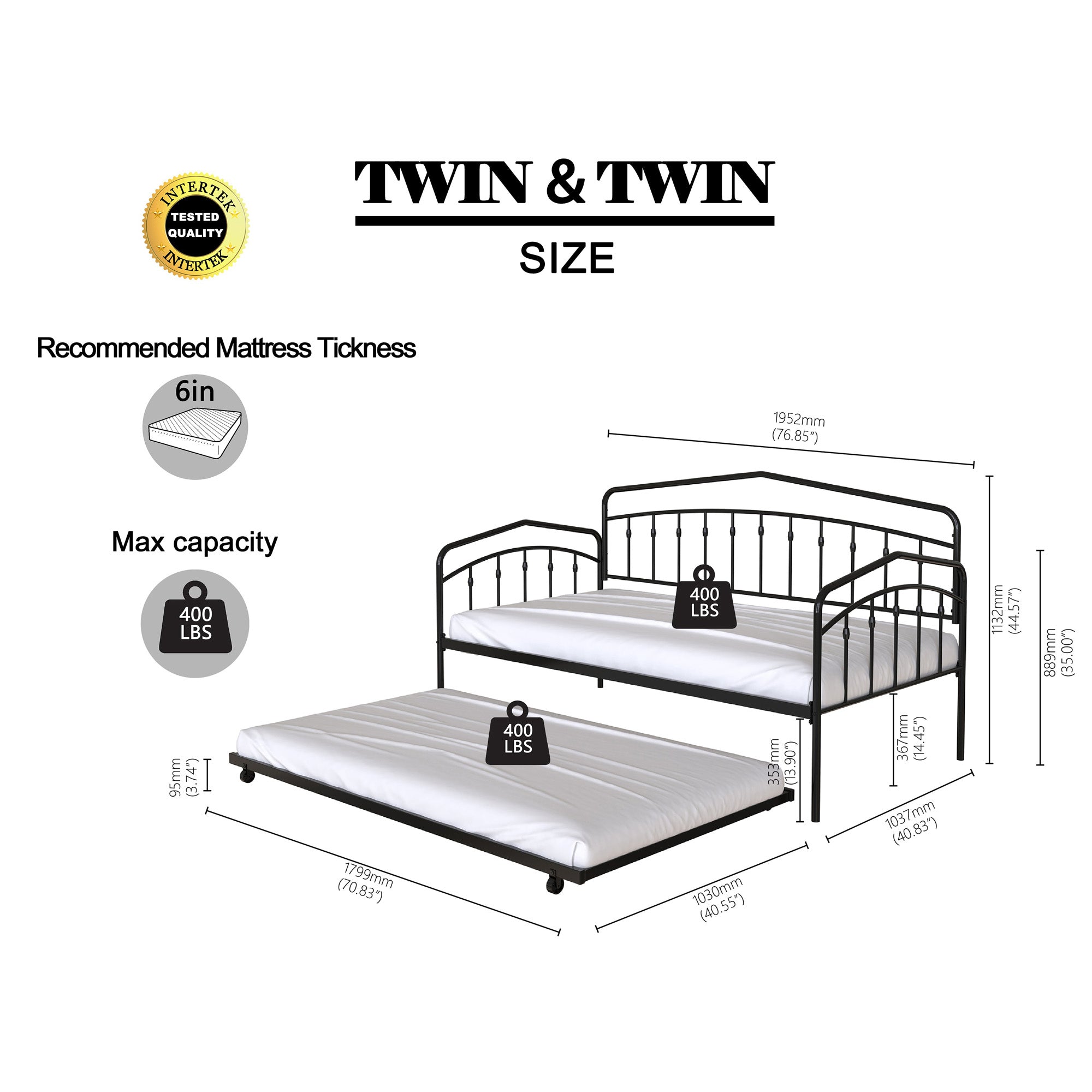 Fox Twin Metal Daybed Frame with Twin Trundle, Anti-Noise Design, Easy Installation, No Box Spring Needed, Fits Standard Twin Mattresses, Black