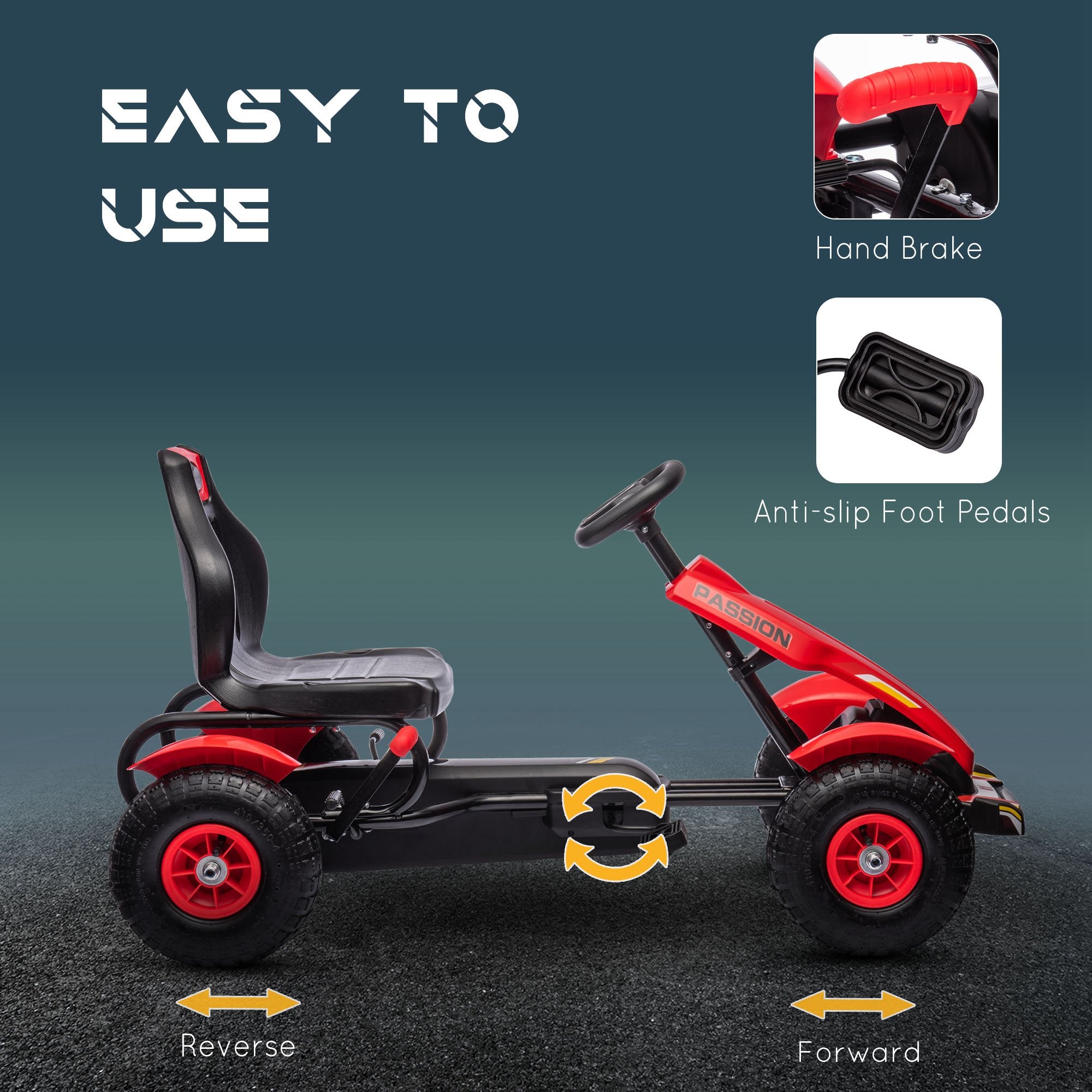 Kids Pedal Go Kart for Ages 5–12 with Adjustable Seat, Handbrake, Reverse Drive, Inflatable Rubber Tires & Suspension, Red