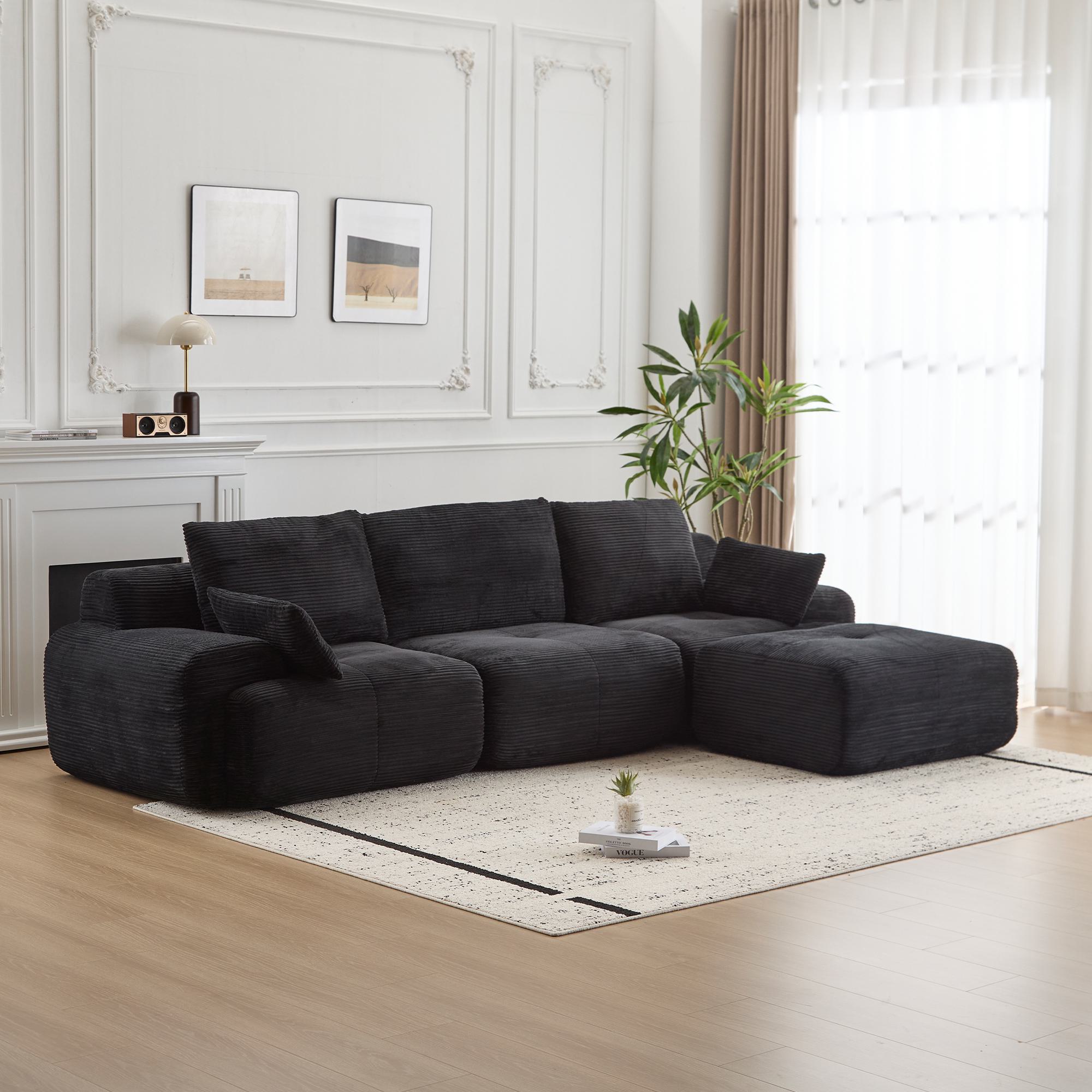 Compressed Sofa Modern Memory Foam Sectional, Pet-Friendly Corduroy Couch, Extra Deep Loveseat for Apartments, 120" L x 71" W x 28.5" H, Black