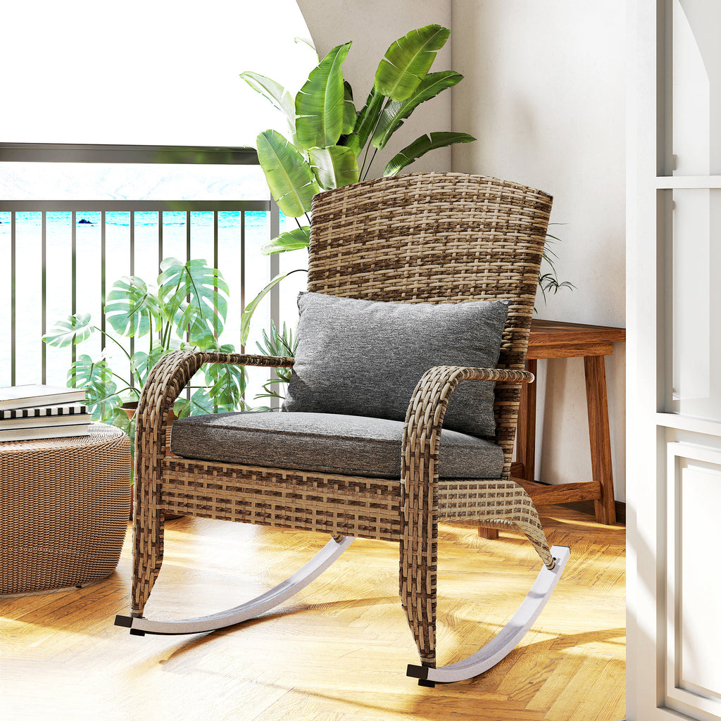 Adirondack Chair, Outdoor Wicker Rocking Chair with High Back, Seat Cushion, and Pillow for Porch, Balcony, Gray