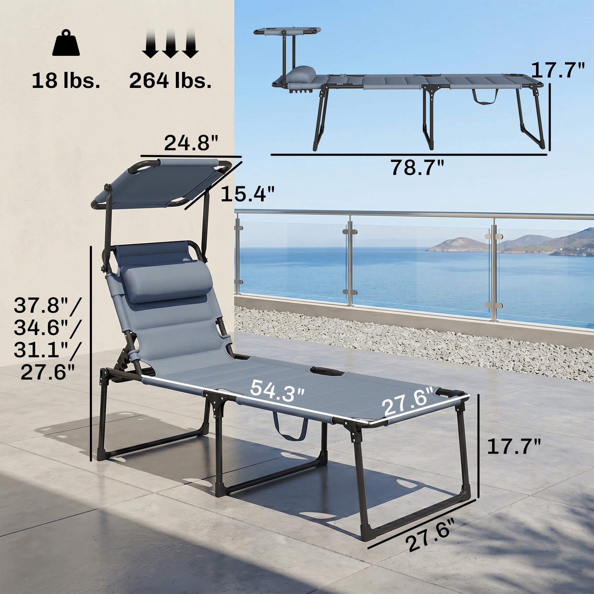 Outdoor Lounge Chair, 4 Position Adjustable Backrest, Folding, Cushioned w/ Sun Shade Roof & Pillow, Gray