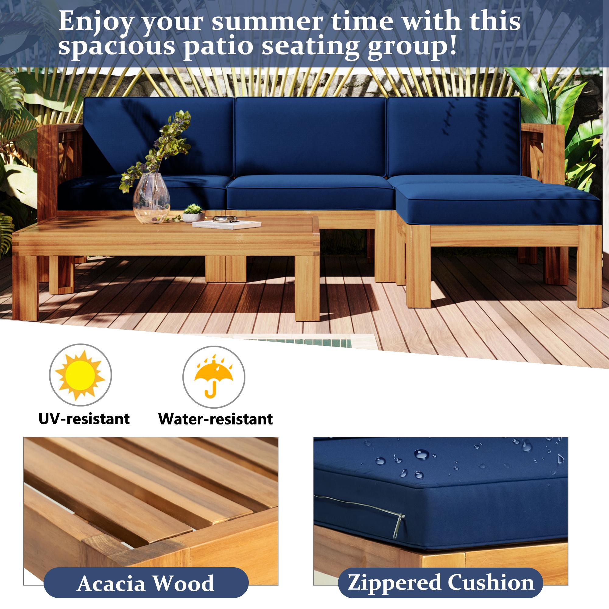 Casual Outdoor Sectional Sofa with Wood Frame & Cushions, Patio Seating Group for Backyard, 25.5" L x 25.5" W x 25.5" H, Natural
