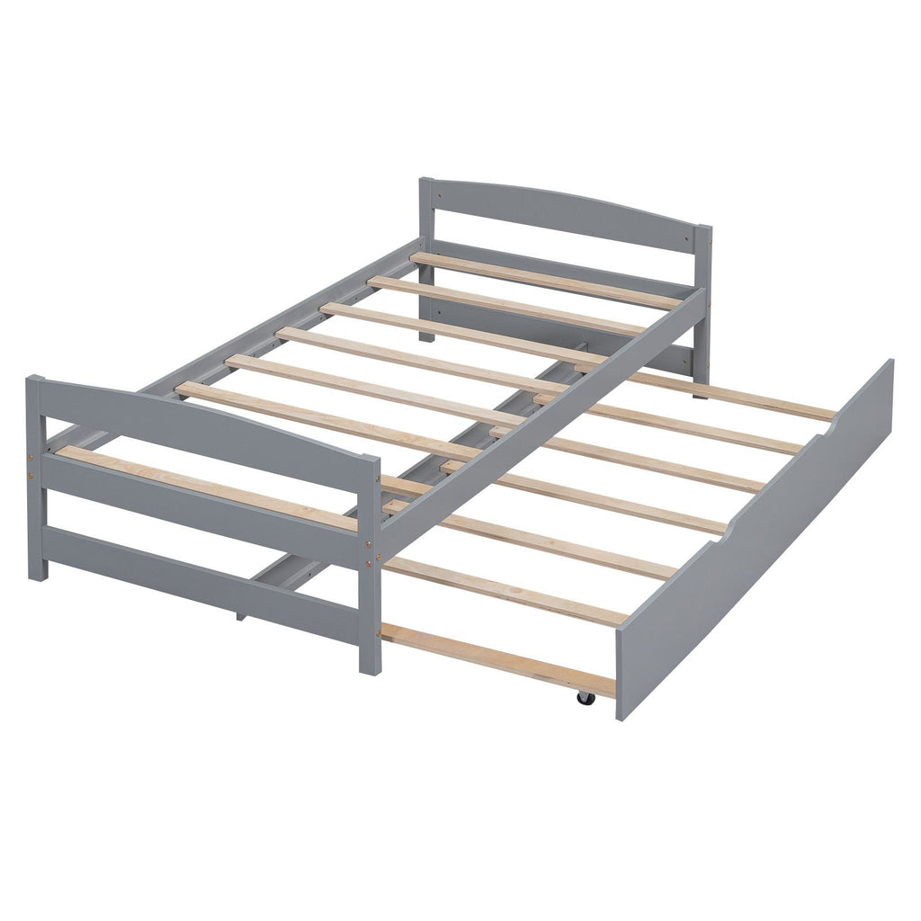 Twin Size Platform Bed with Twin Size Trundle, Headboard and Footboard, Sturdy Pine Wood Construction, 77.5" L x 40.5" W x 22" H, Gray